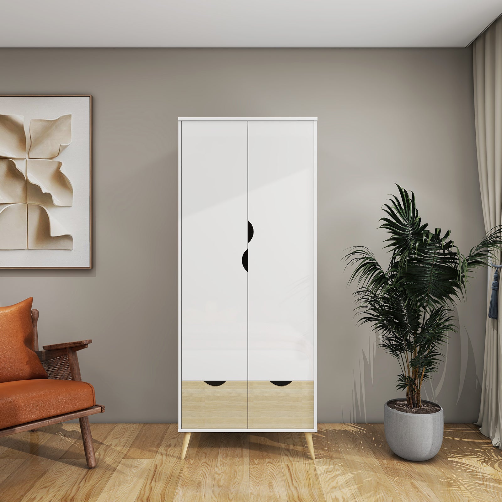 Liora - Wardrobe - 2 Doors and 2 Drawers - Glossy White and Oak
