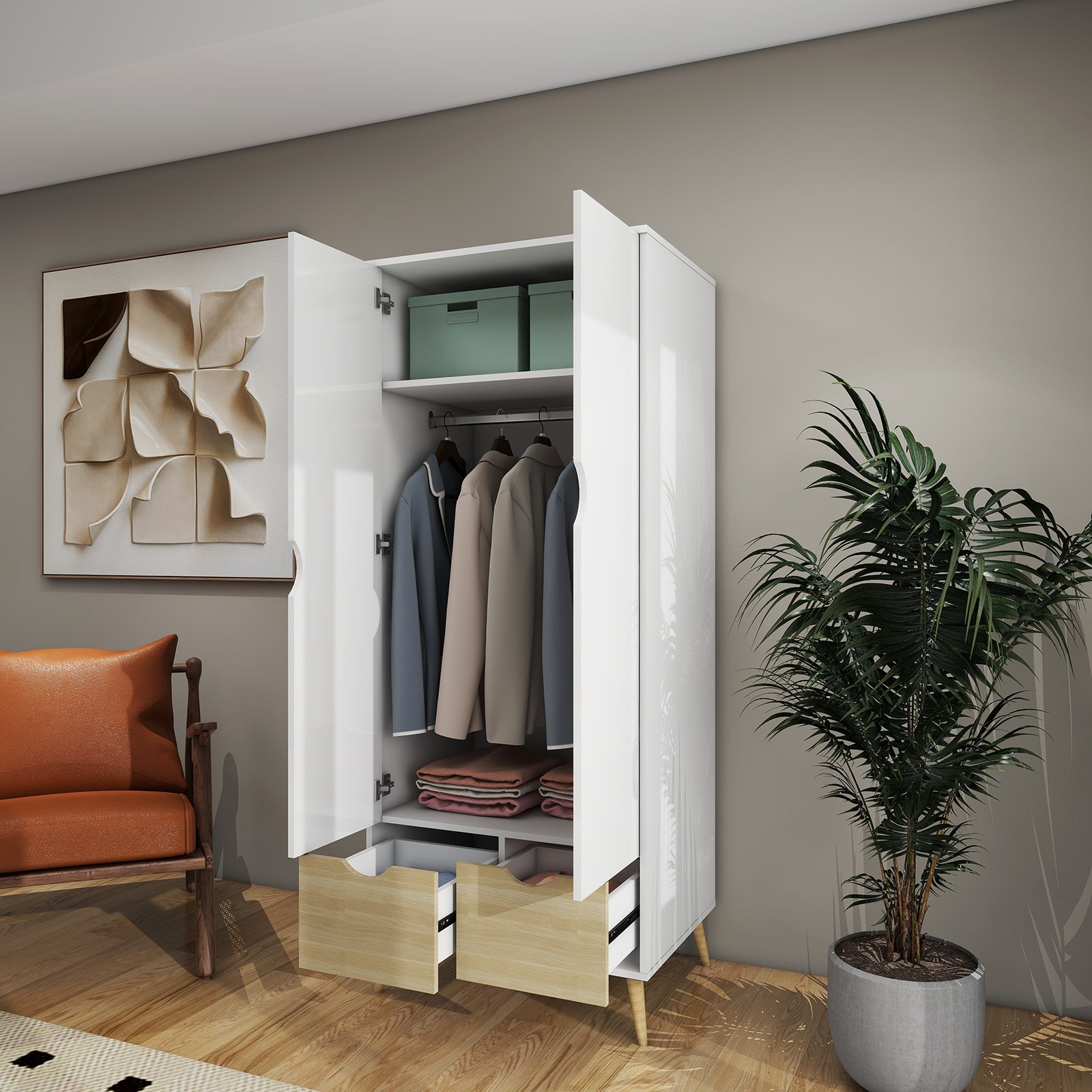 Liora - Wardrobe - 2 Doors and 2 Drawers - Glossy White and Oak