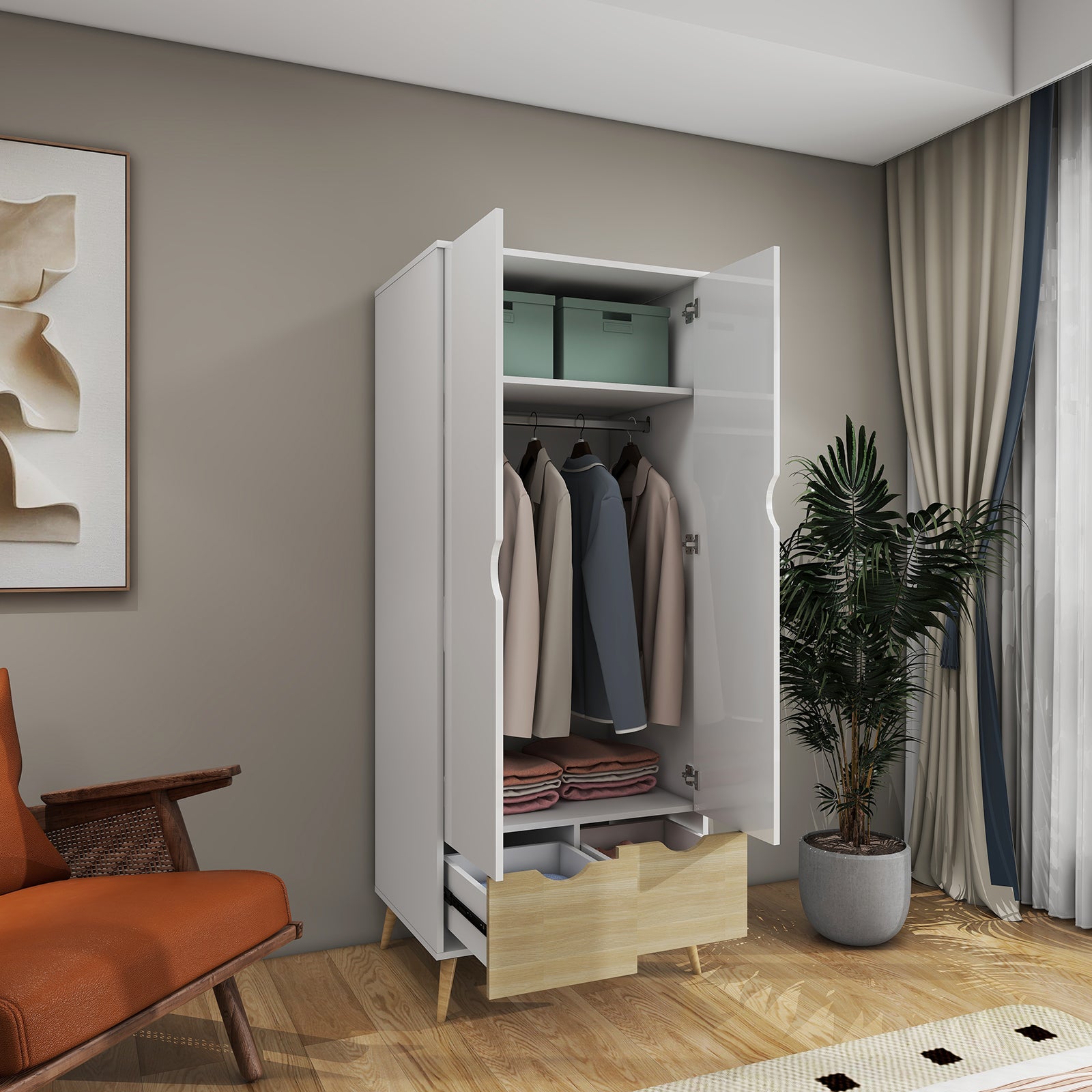 Liora - Wardrobe - 2 Doors and 2 Drawers - Glossy White and Oak