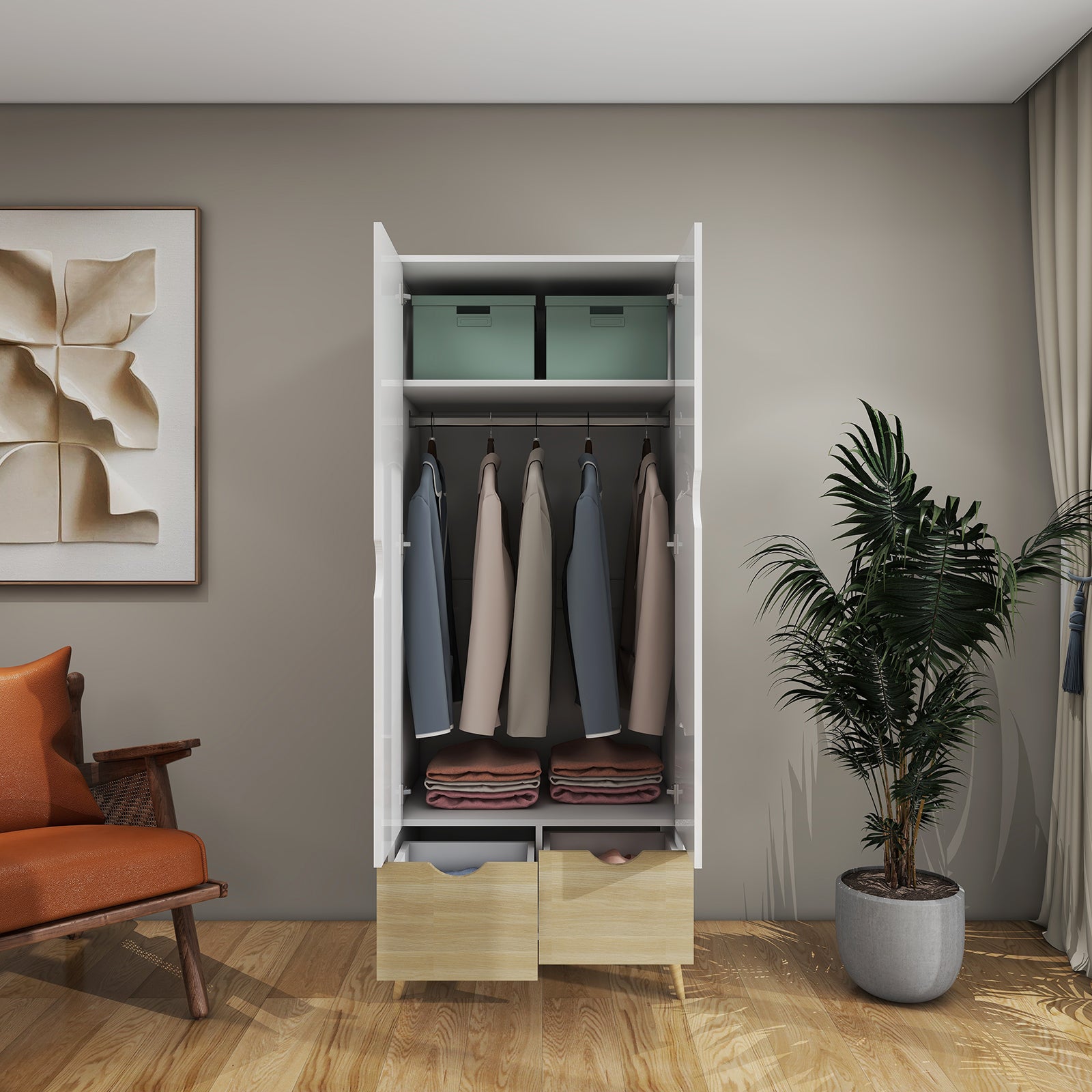 Liora - Wardrobe - 2 Doors and 2 Drawers - Glossy White and Oak