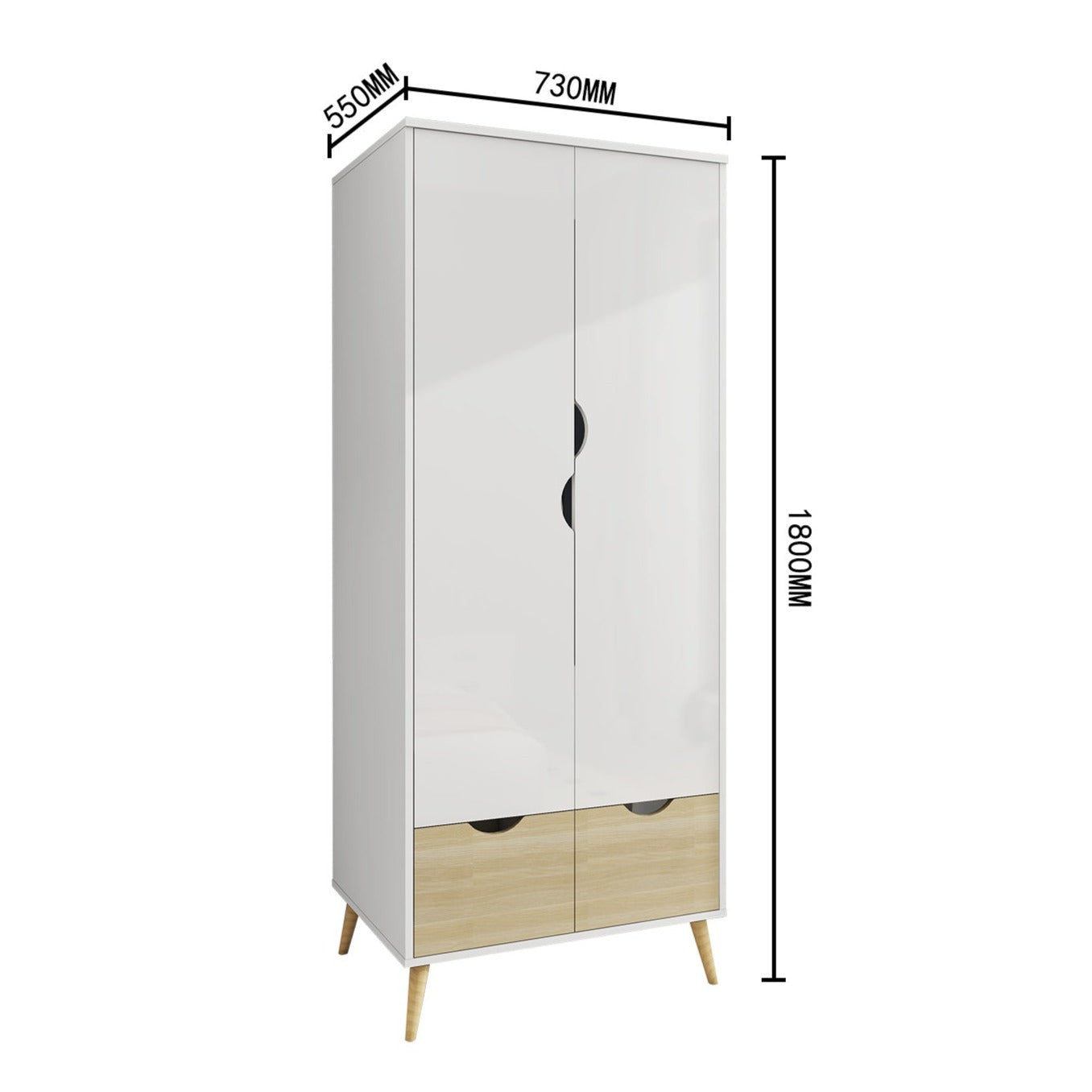 Liora - Wardrobe - 2 Doors and 2 Drawers - Glossy White and Oak