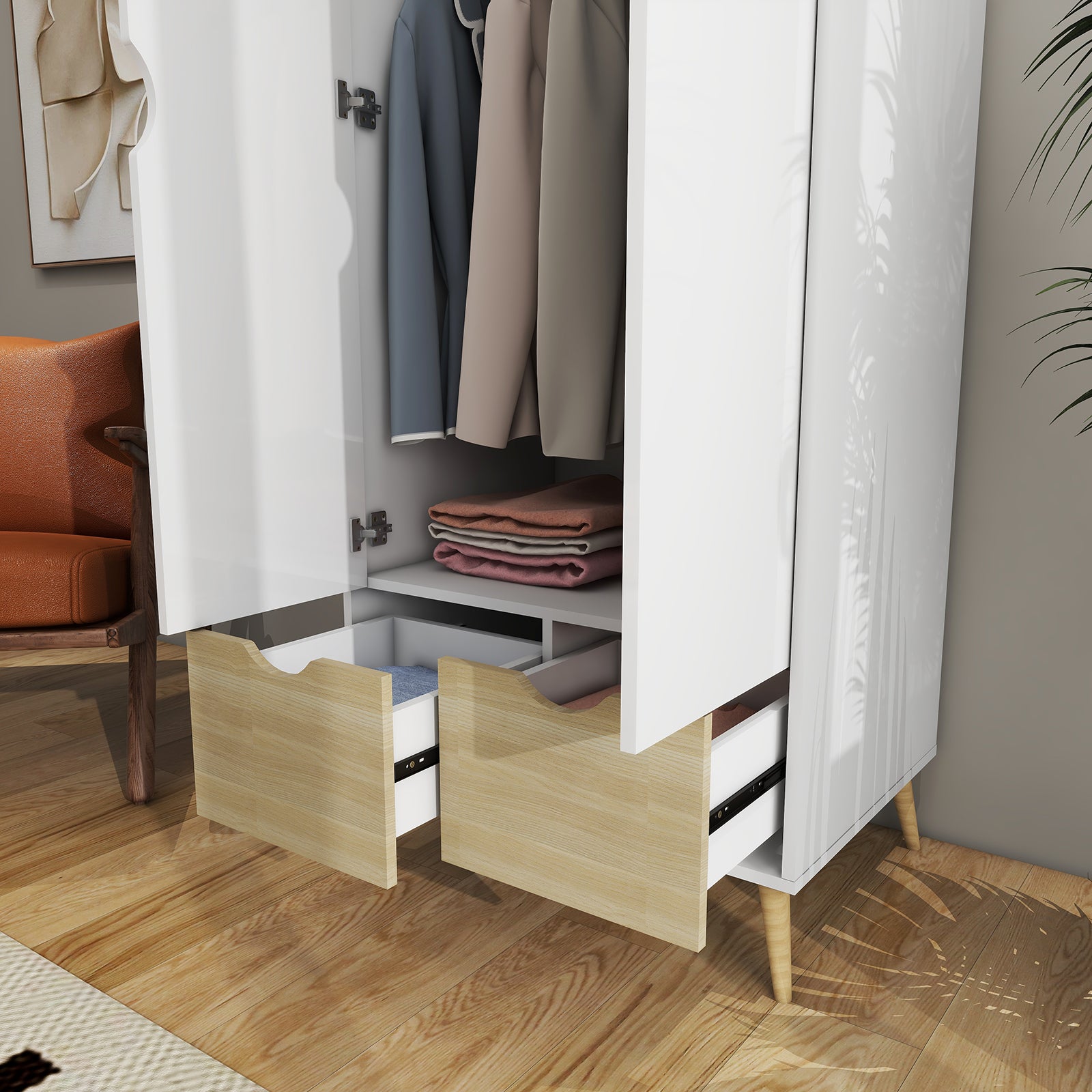 Liora - Wardrobe - 2 Doors and 2 Drawers - Glossy White and Oak