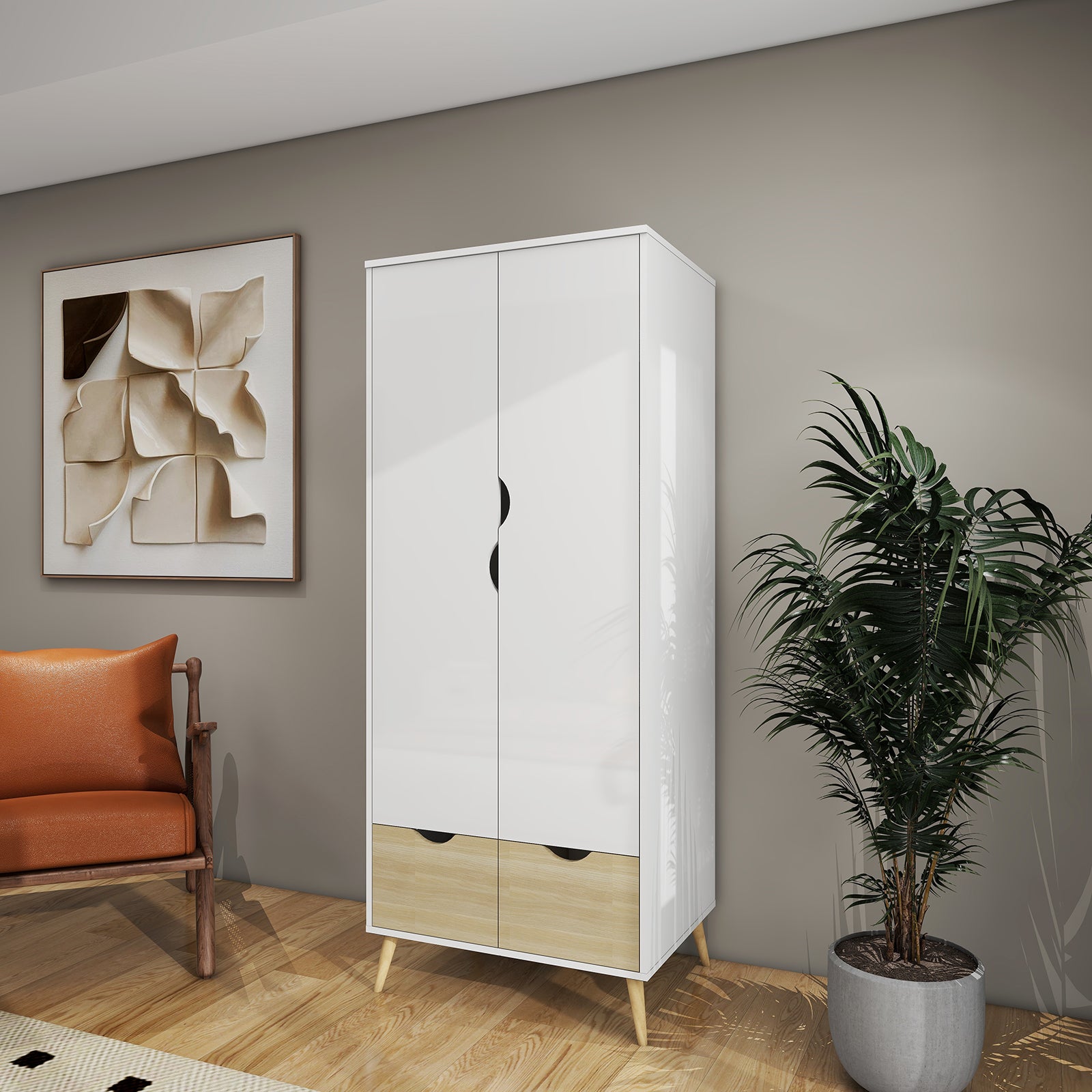 Liora - Wardrobe - 2 Doors and 2 Drawers - Glossy White and Oak