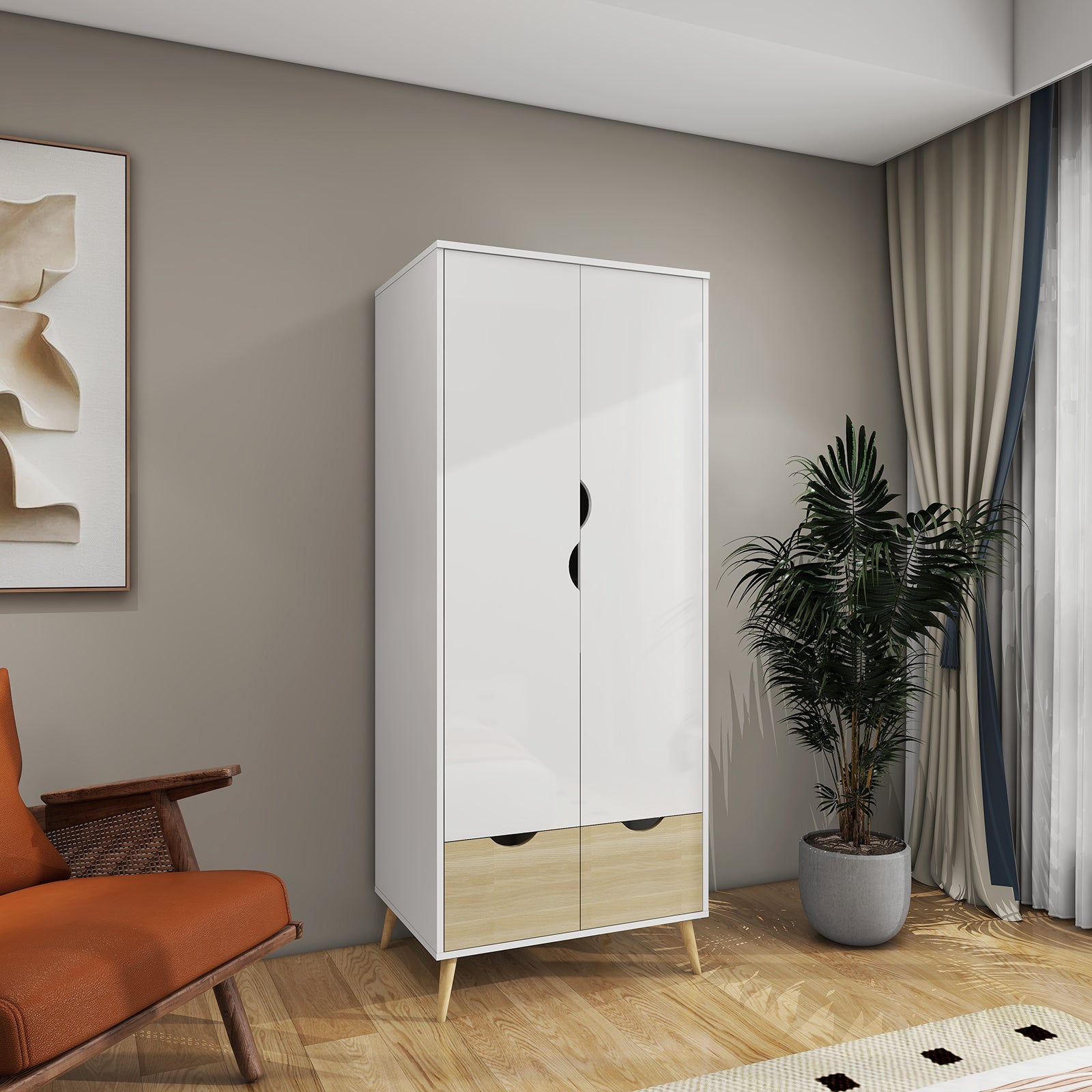 Liora - Wardrobe - 2 Doors and 2 Drawers - Glossy White and Oak