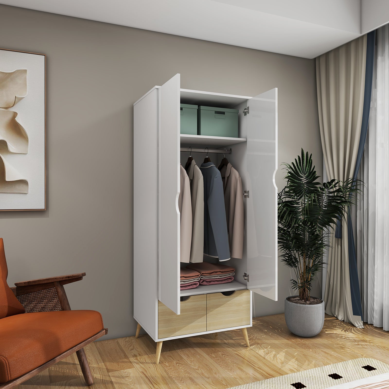 Liora - Wardrobe - 2 Doors and 2 Drawers - Glossy White and Oak
