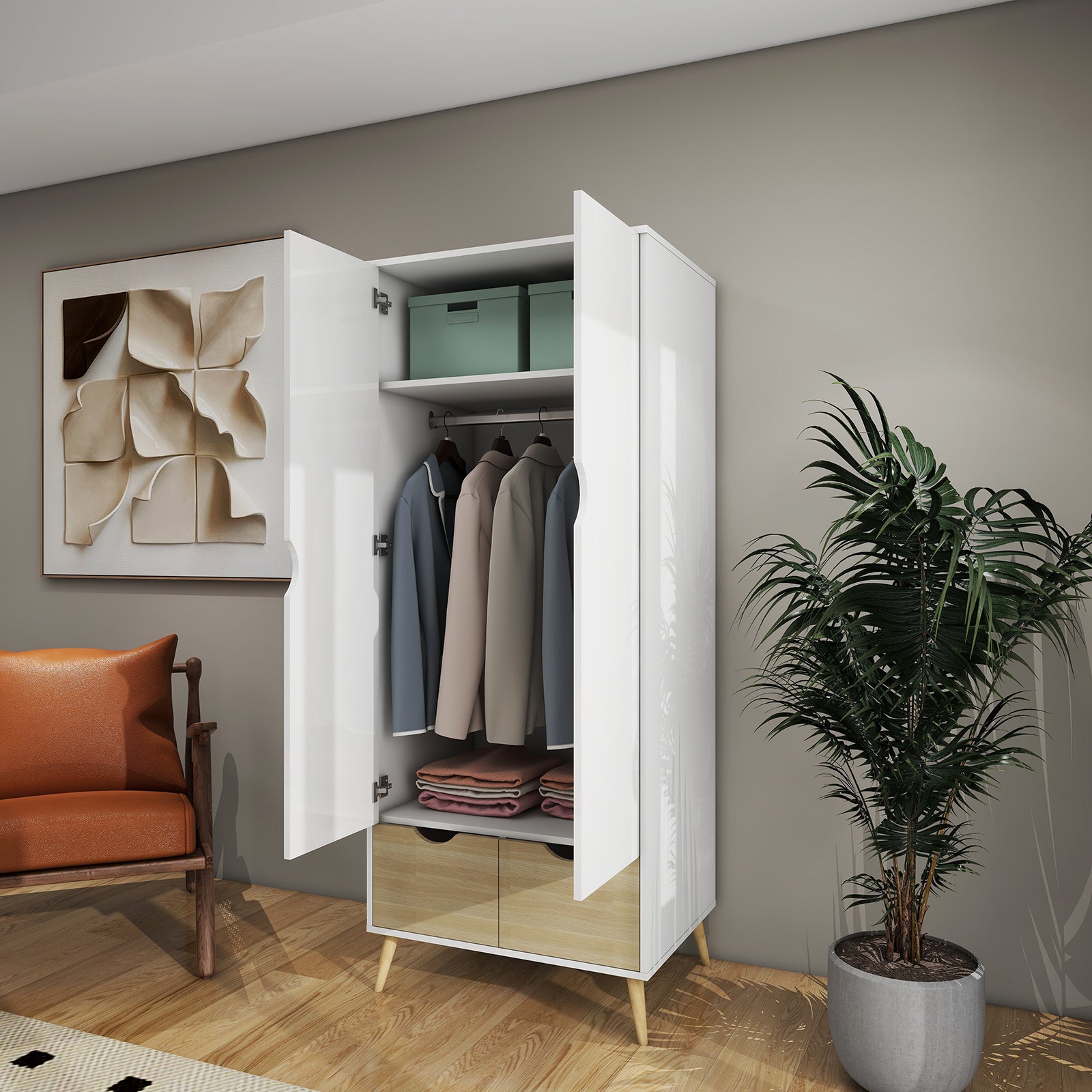 Liora - Wardrobe - 2 Doors and 2 Drawers - Glossy White and Oak