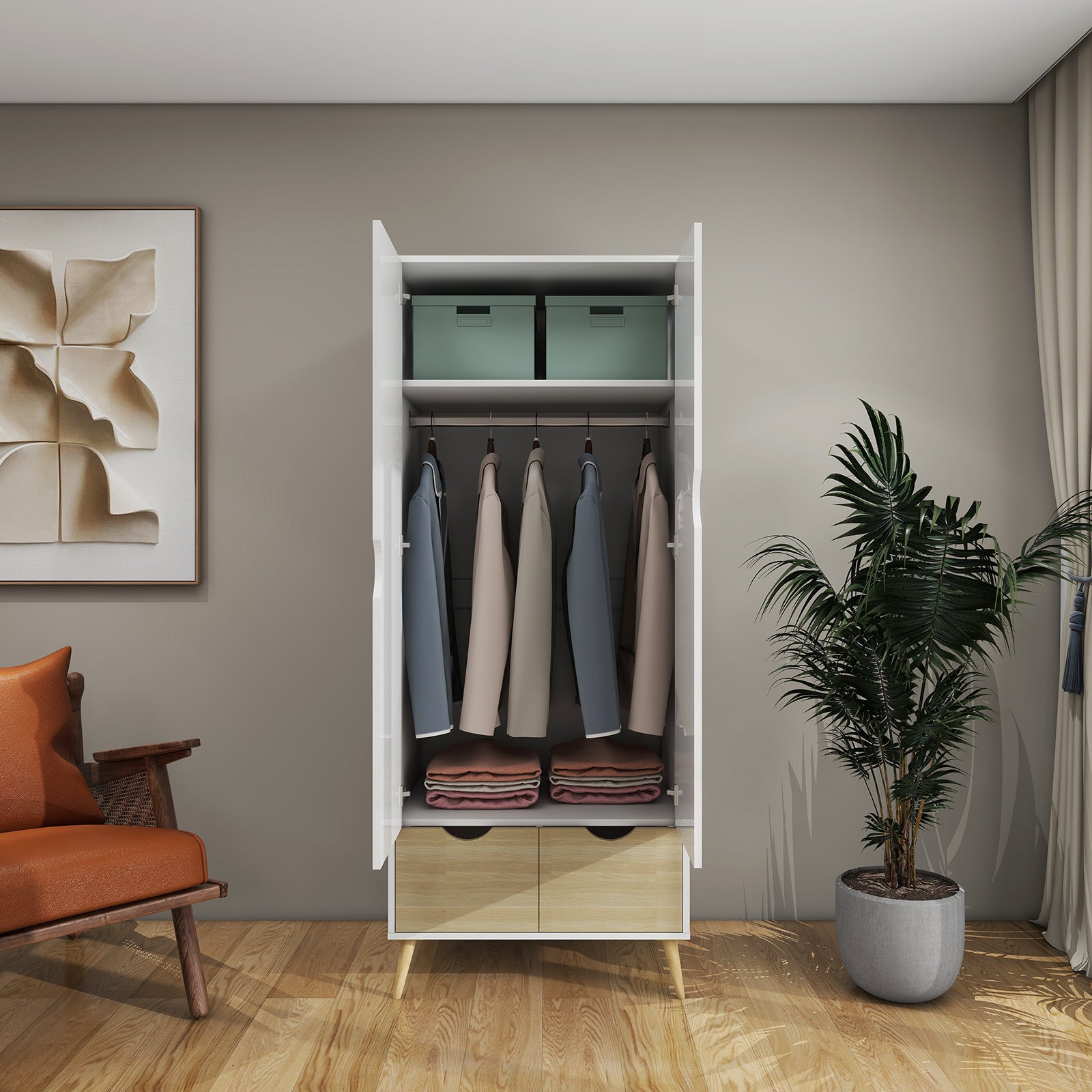 Liora - Wardrobe - 2 Doors and 2 Drawers - Glossy White and Oak