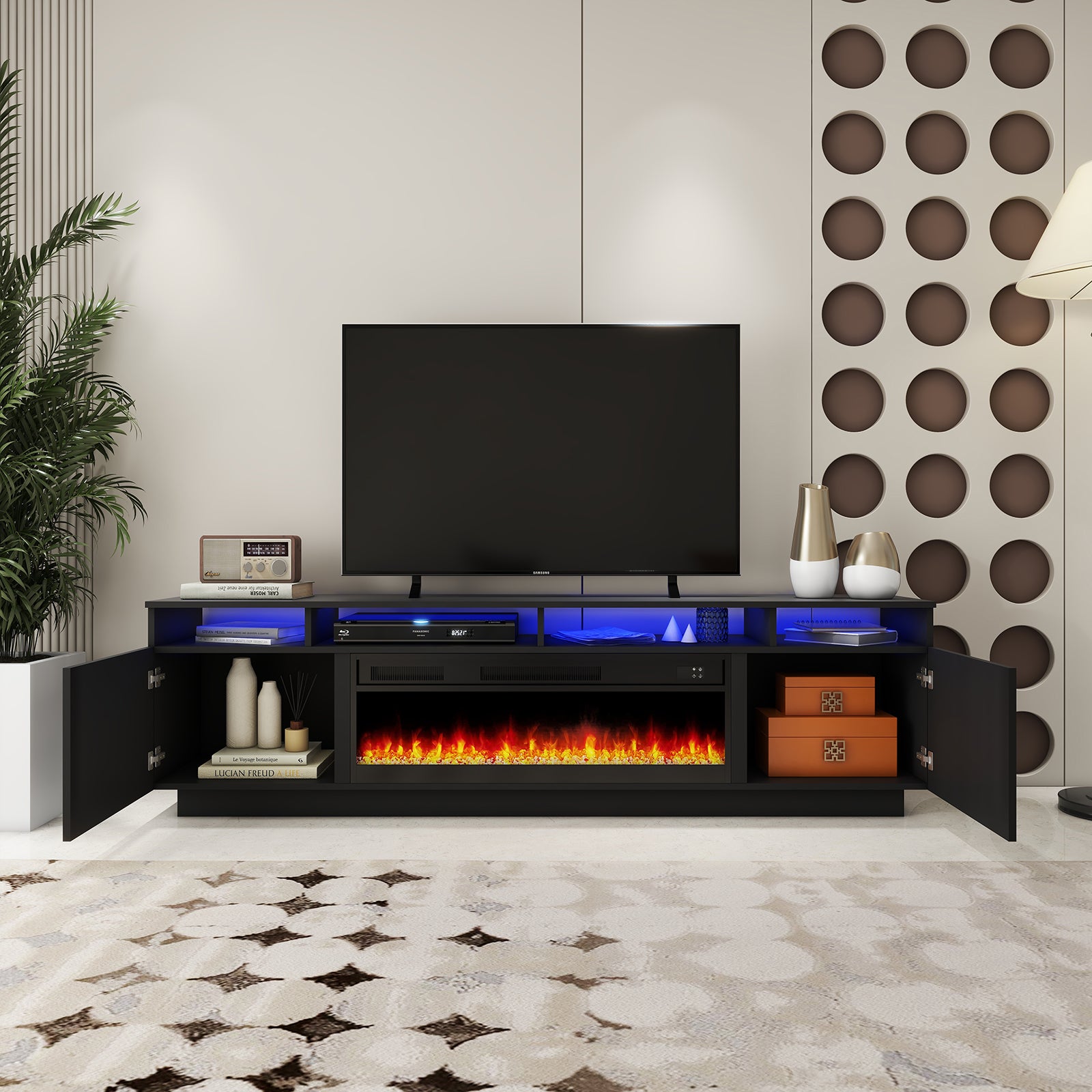 Laura - LED TV Stand With Fireplace - Entertainment Unit - Glossy Black - 78 In.