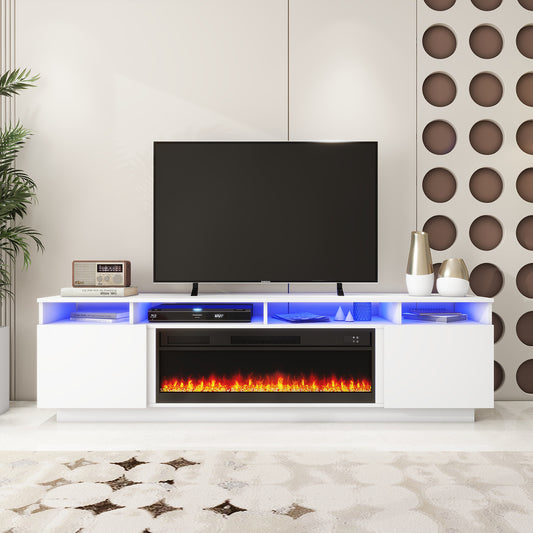 Meuble de TV avec Foyer et LED - Blanc Lustré - 78 po 1600
