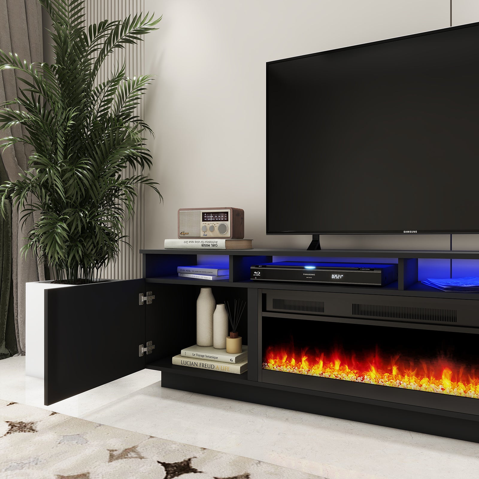Laura - LED TV Stand With Fireplace - Entertainment Unit - Glossy Black - 78 In.