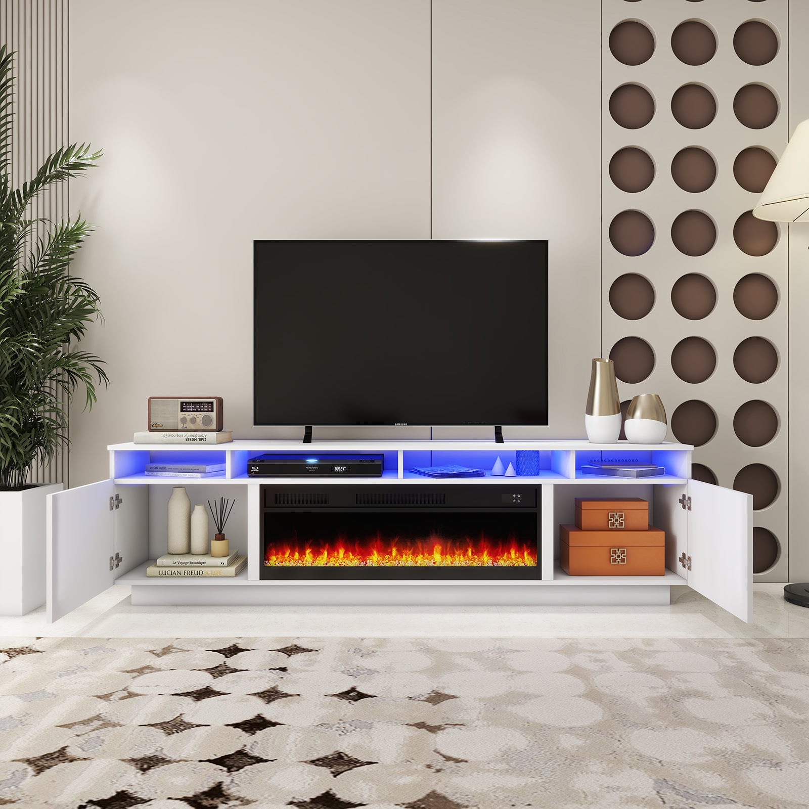 Laura - LED TV Stand with Fireplace - Entertainment Unit - Glossy White - 78 in.