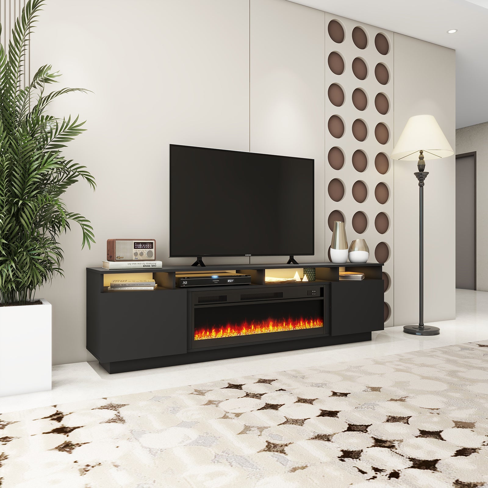 Laura - LED TV Stand With Fireplace - Entertainment Unit - Glossy Black - 78 In.