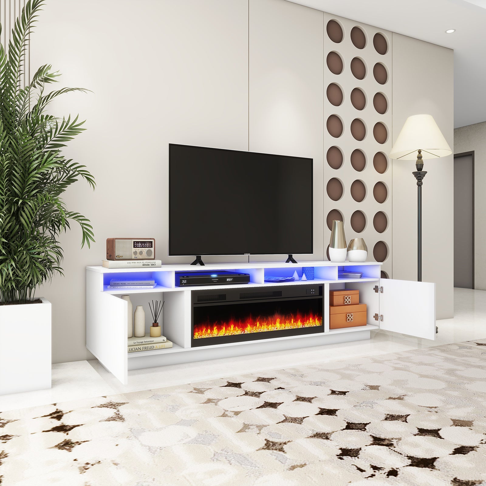 Laura - LED TV Stand with Fireplace - Entertainment Unit - Glossy White - 78 in.