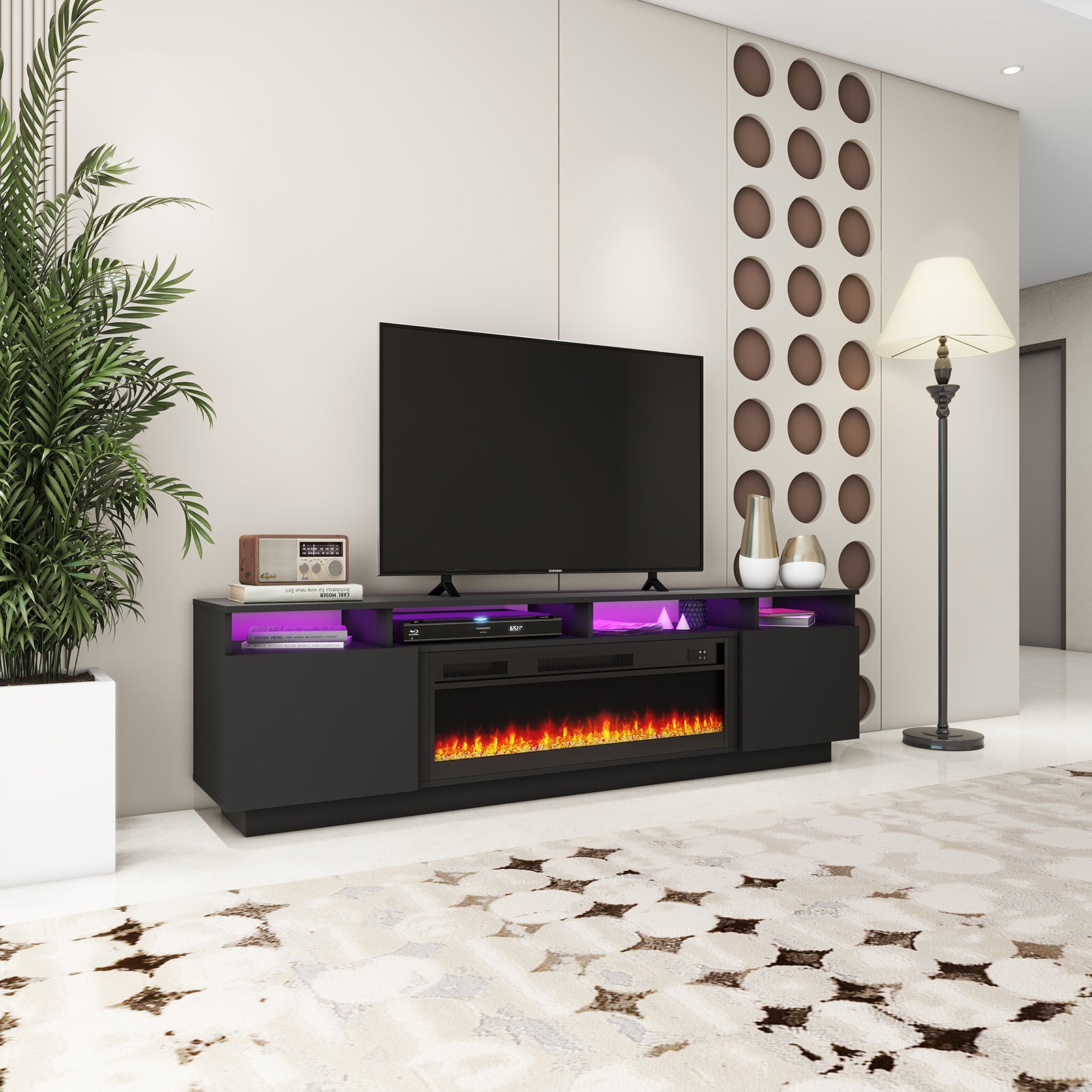 Laura - LED TV Stand With Fireplace - Entertainment Unit - Glossy Black - 78 In.