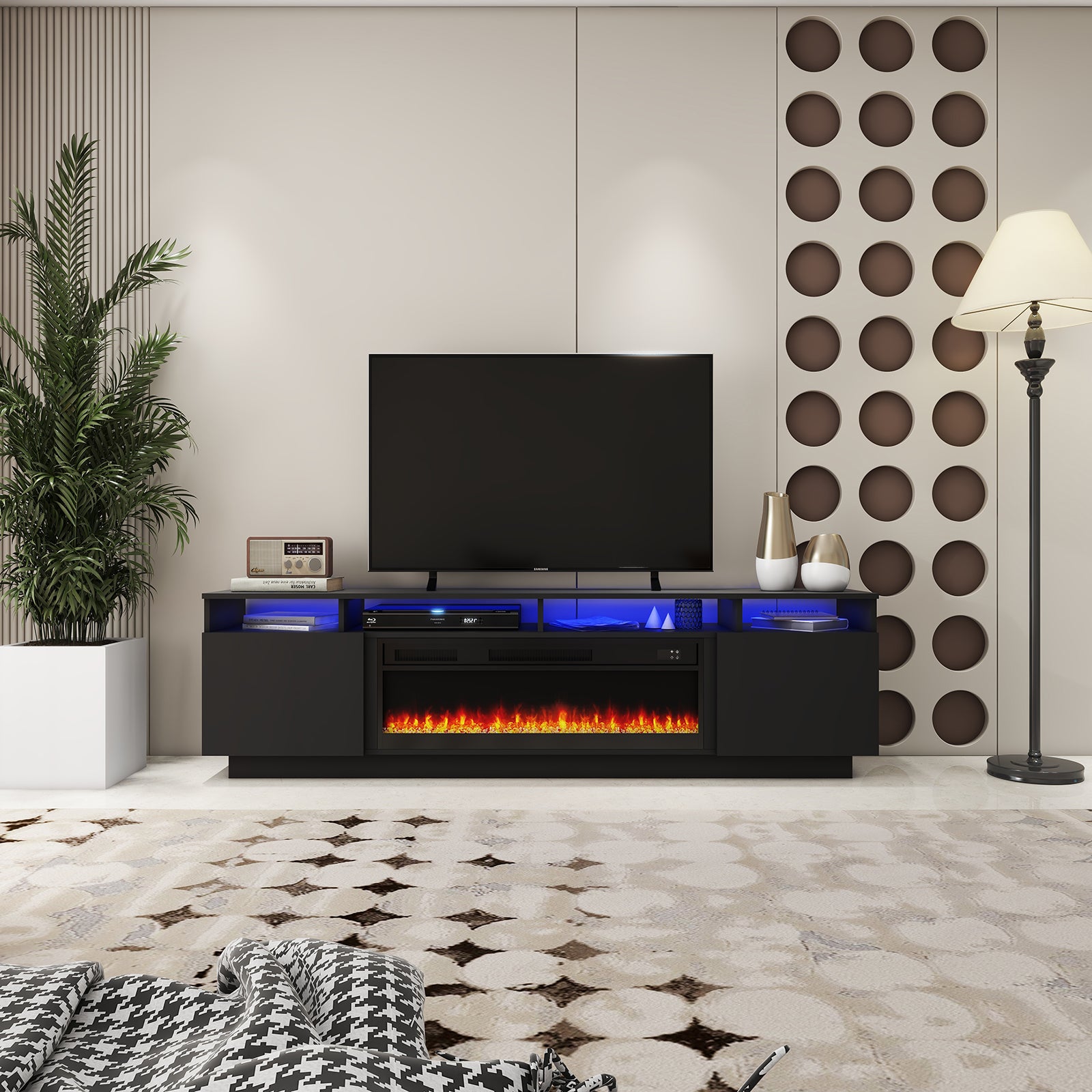 Laura - LED TV Stand With Fireplace - Entertainment Unit - Glossy Black - 78 In.