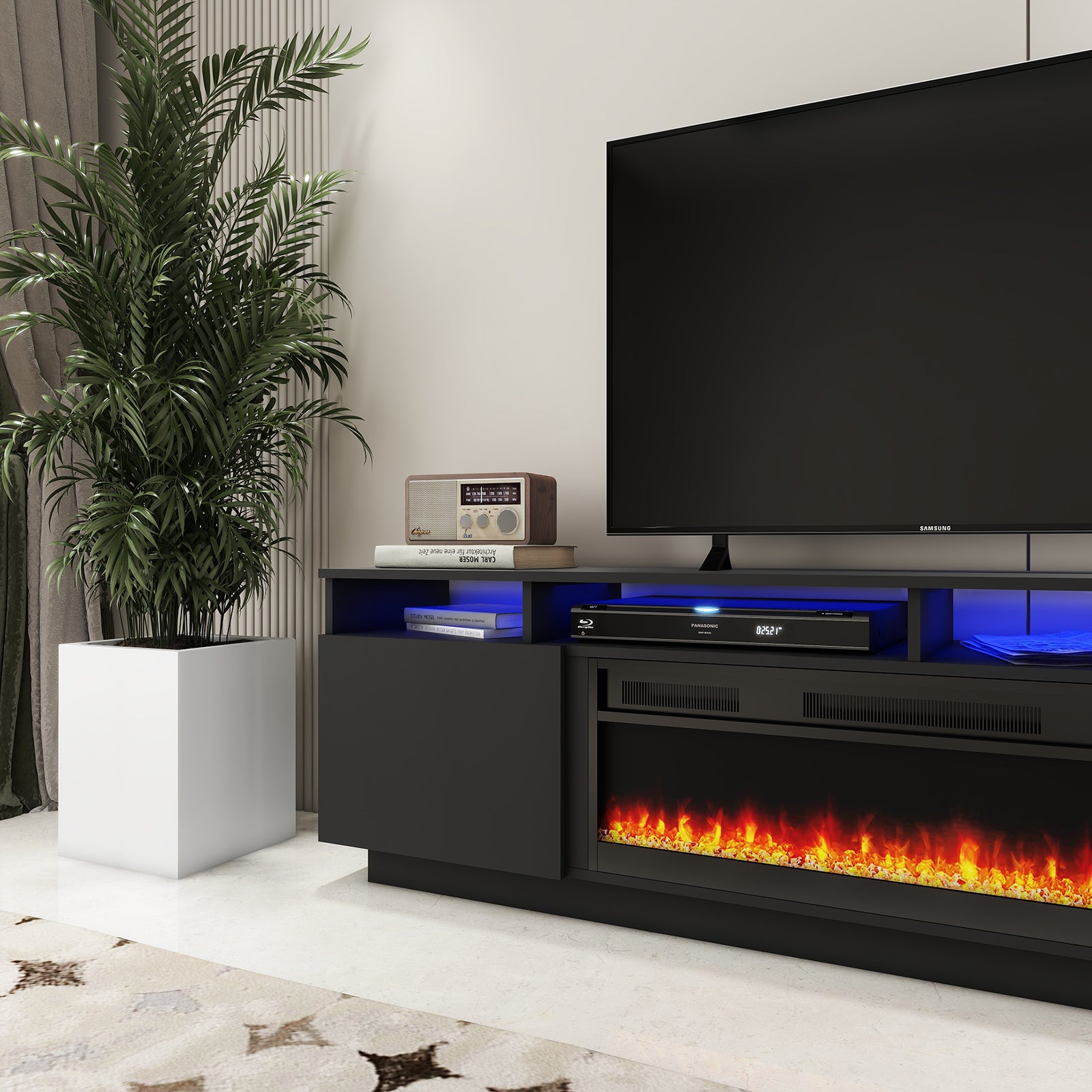 Laura - LED TV Stand With Fireplace - Entertainment Unit - Glossy Black - 78 In.