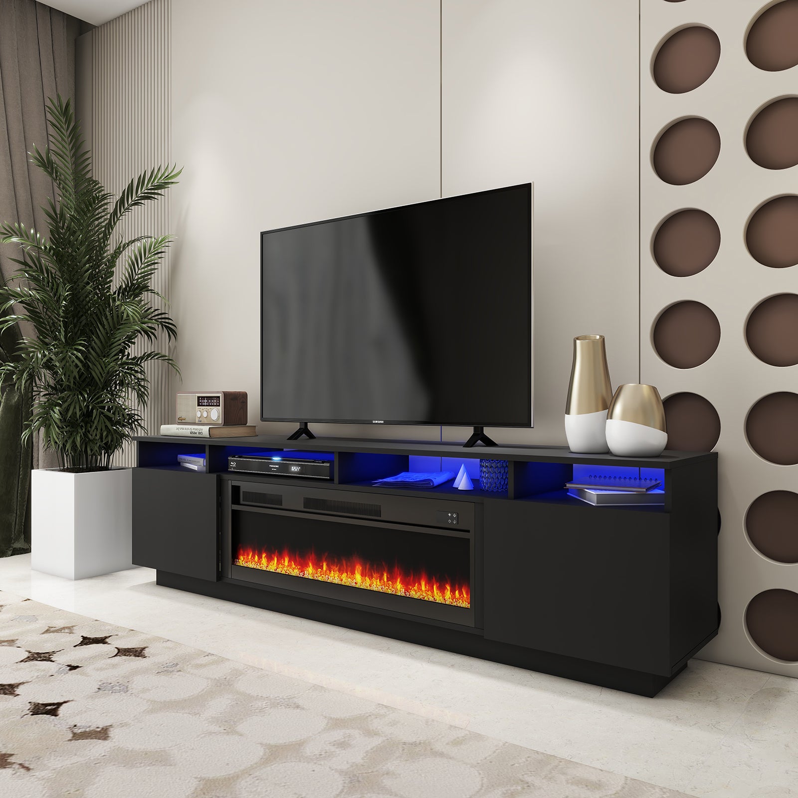 Laura - LED TV Stand With Fireplace - Entertainment Unit - Glossy Black - 78 In.