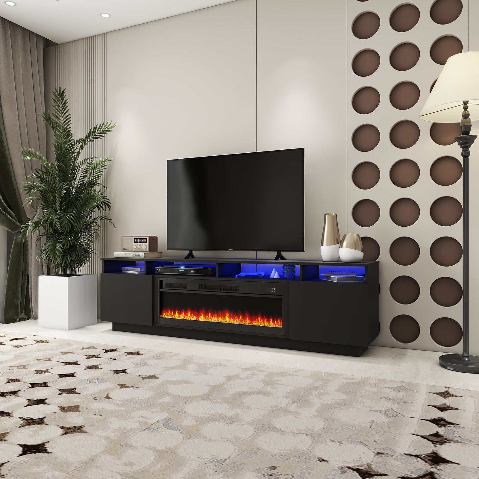 Laura - LED TV Stand With Fireplace - Entertainment Unit - Glossy Black - 78 In.