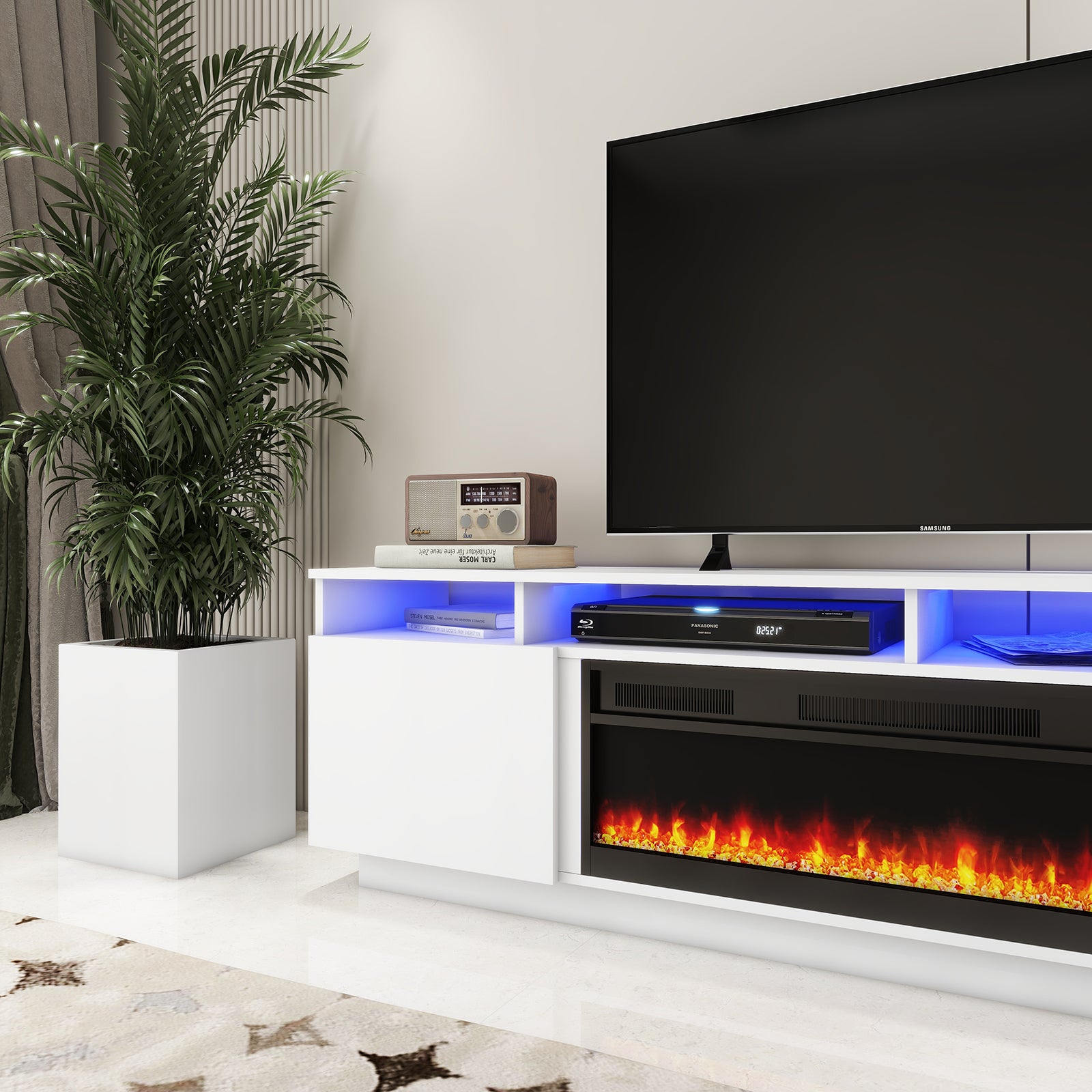 Laura - LED TV Stand with Fireplace - Entertainment Unit - Glossy White - 78 in.