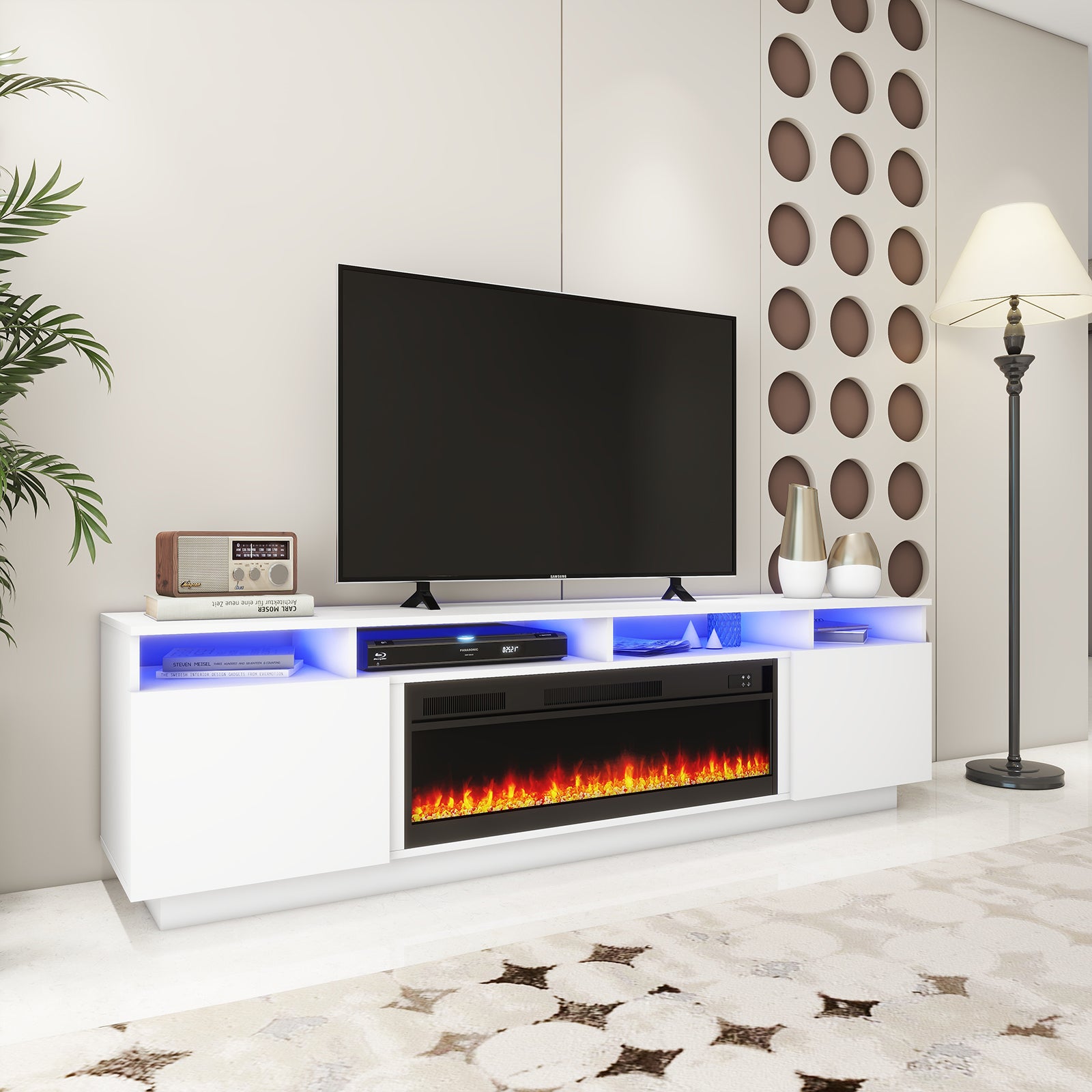 Laura - LED TV Stand with Fireplace - Entertainment Unit - Glossy White - 78 in.