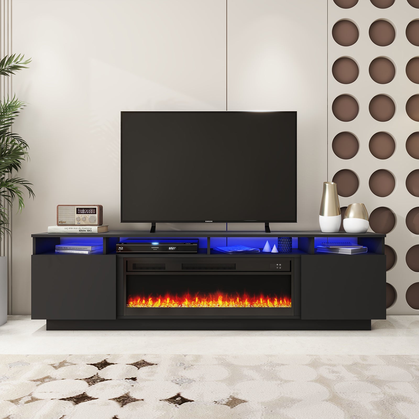 Laura - LED TV Stand With Fireplace - Entertainment Unit - Glossy Black - 78 In.