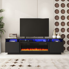 Meuble de TV avec Foyer et LED - Noir Lustré - 78 po