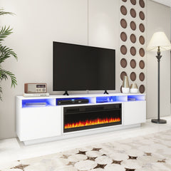 Meuble de TV avec Foyer et LED - Blanc Lustré - 78 po