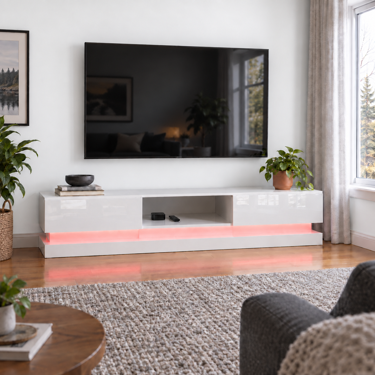 Frederick - LED TV Stand - Entertainment Unit - High Gloss White - 70in