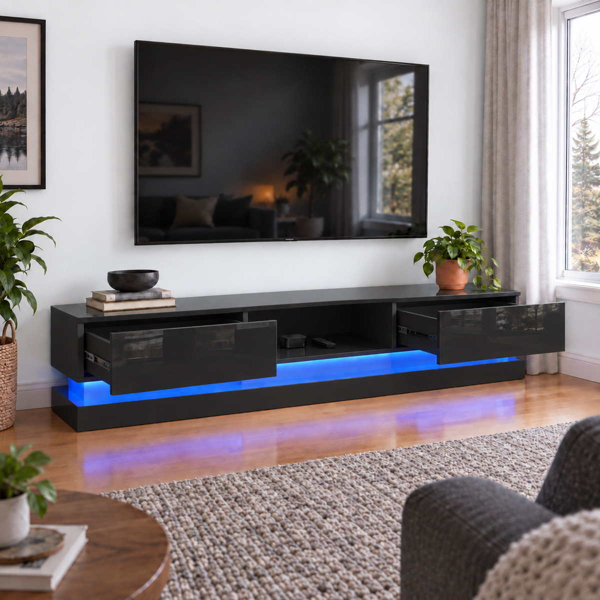 Frederick - LED TV Stand - Entertainment Unit - Glossy Black - 70in