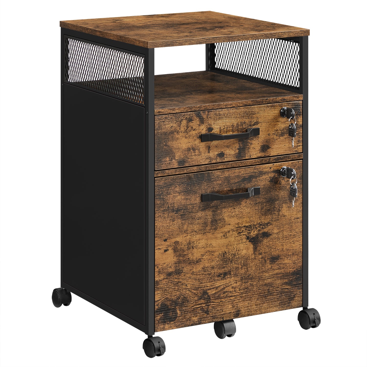 Filing cabinet - on casters with lock - 2 drawers - Rustic brown and black