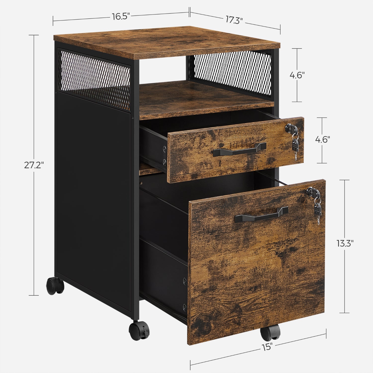 Filing cabinet - on casters with lock - 2 drawers - Rustic brown and black