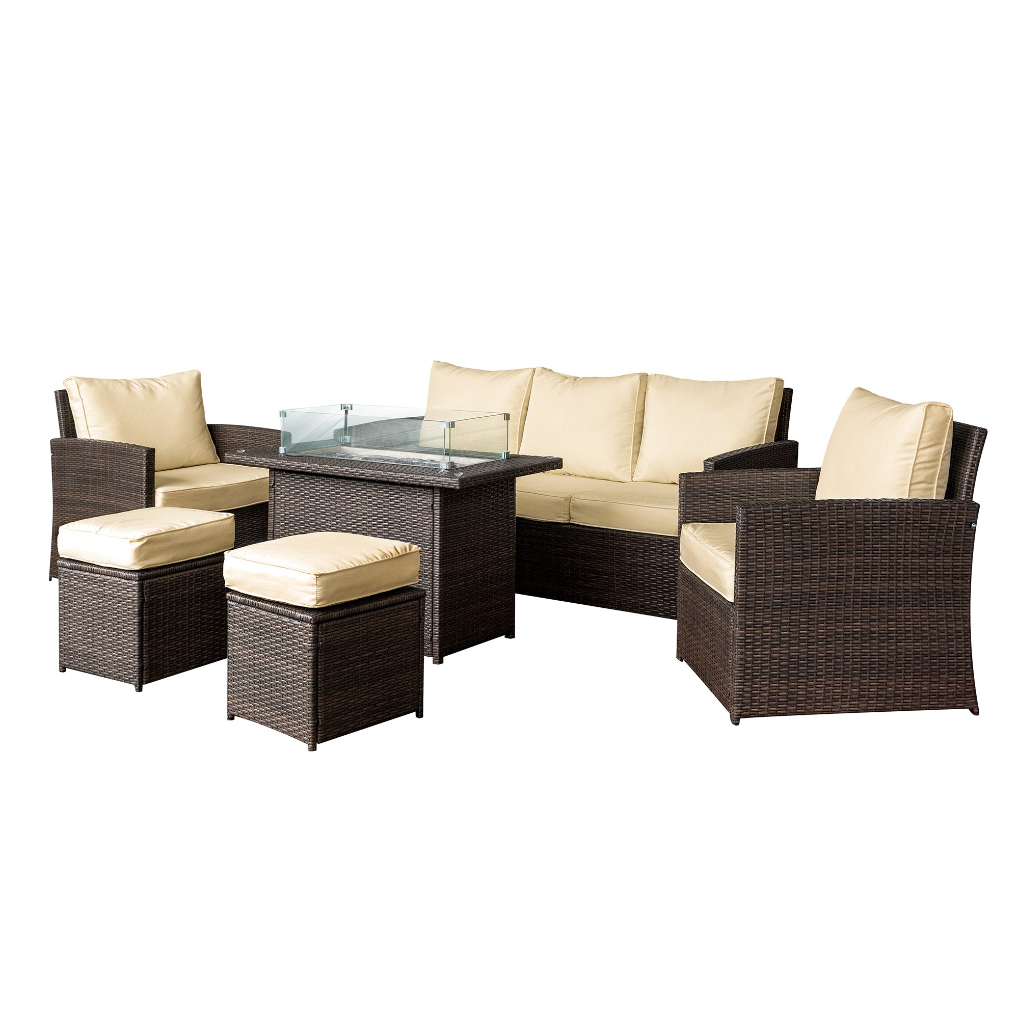 Patio Set - 6 Piece Patio Set with Fireplace Table - Brown and Beige