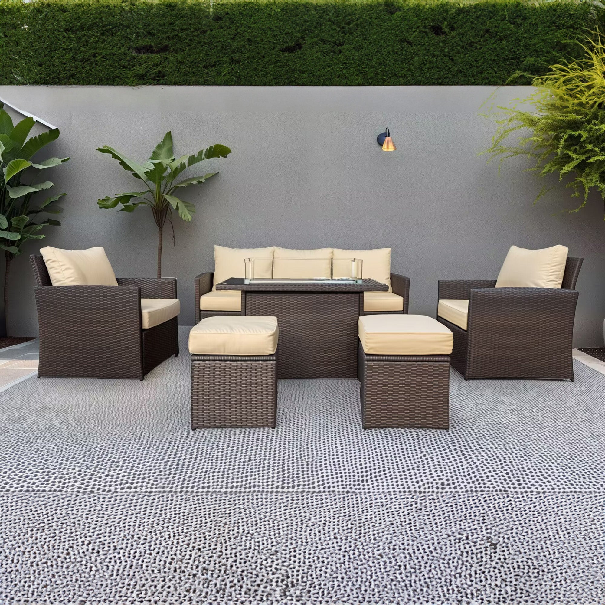 Patio Set - 6 Piece Patio Set with Fireplace Table - Brown and Beige