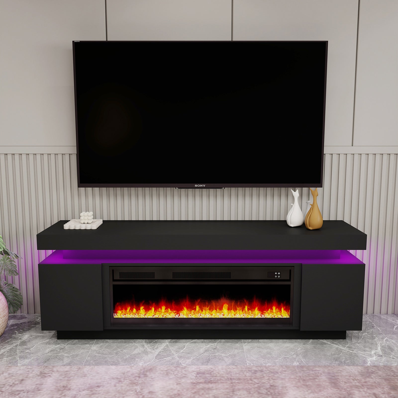 Paula - LED TV Stand with Fireplace - Entertainment Unit - Glossy Black - 67 in.