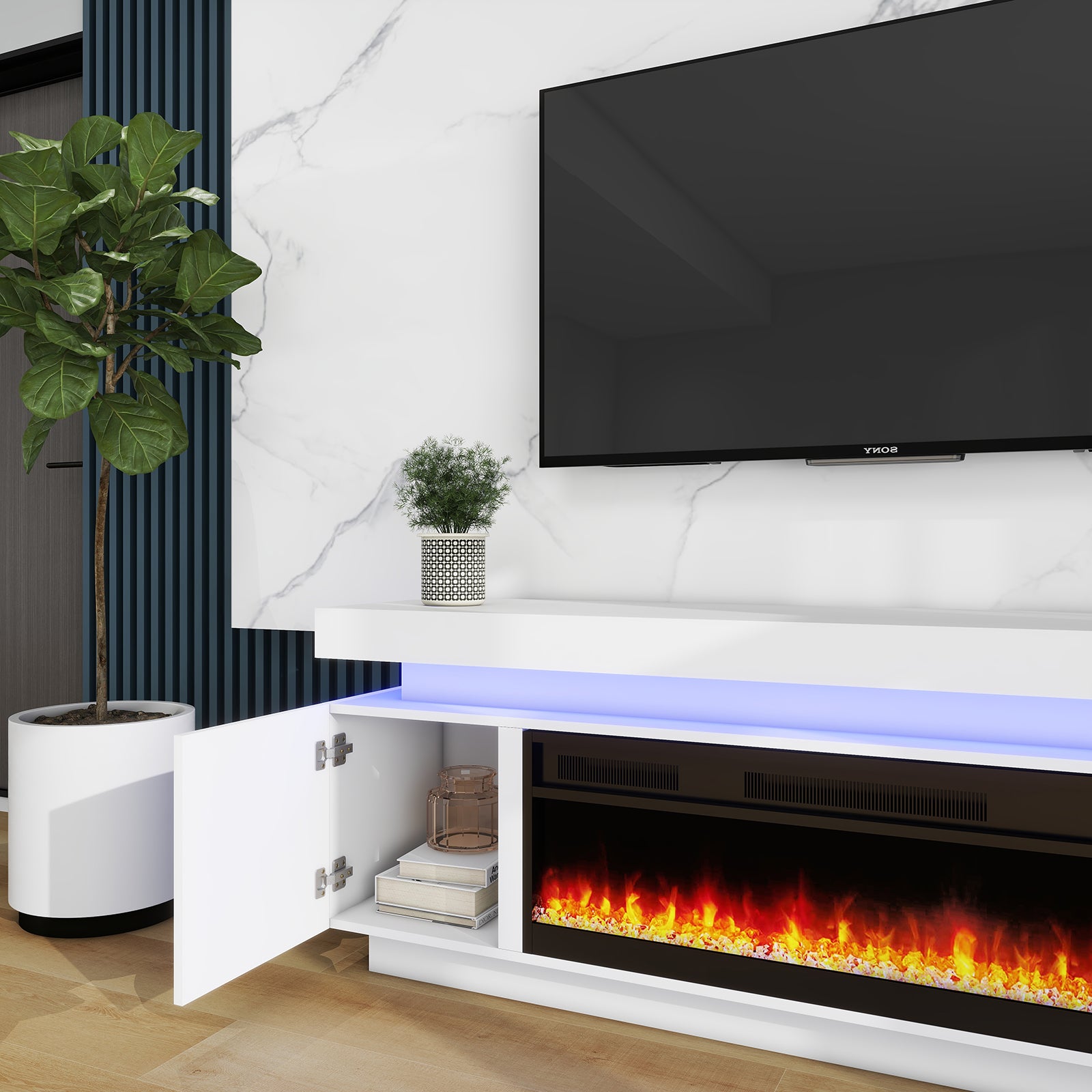 Paula - LED TV Stand with Fireplace - Entertainment Unit - Glossy White - 67 in.