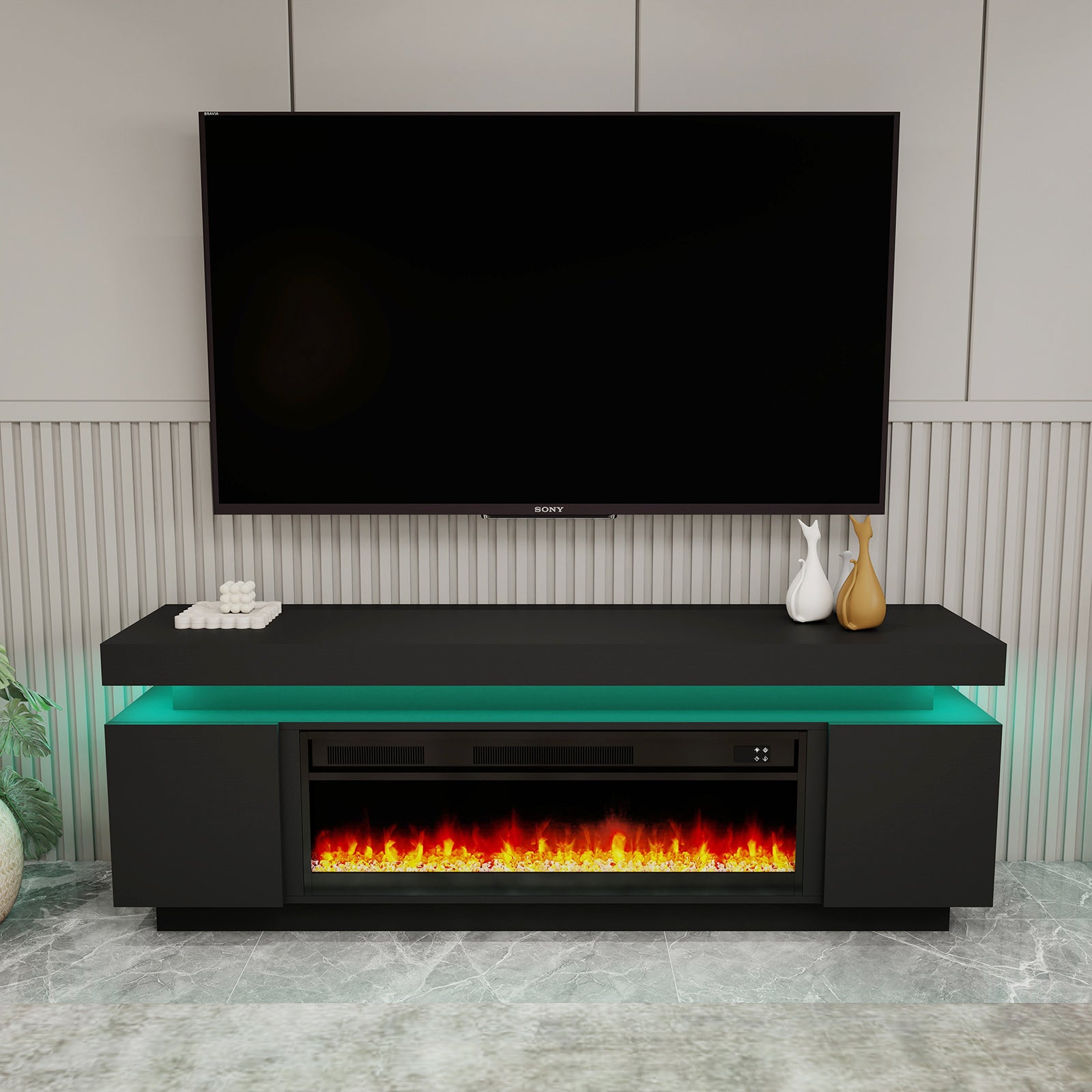 Paula - LED TV Stand with Fireplace - Entertainment Unit - Glossy Black - 67 in.