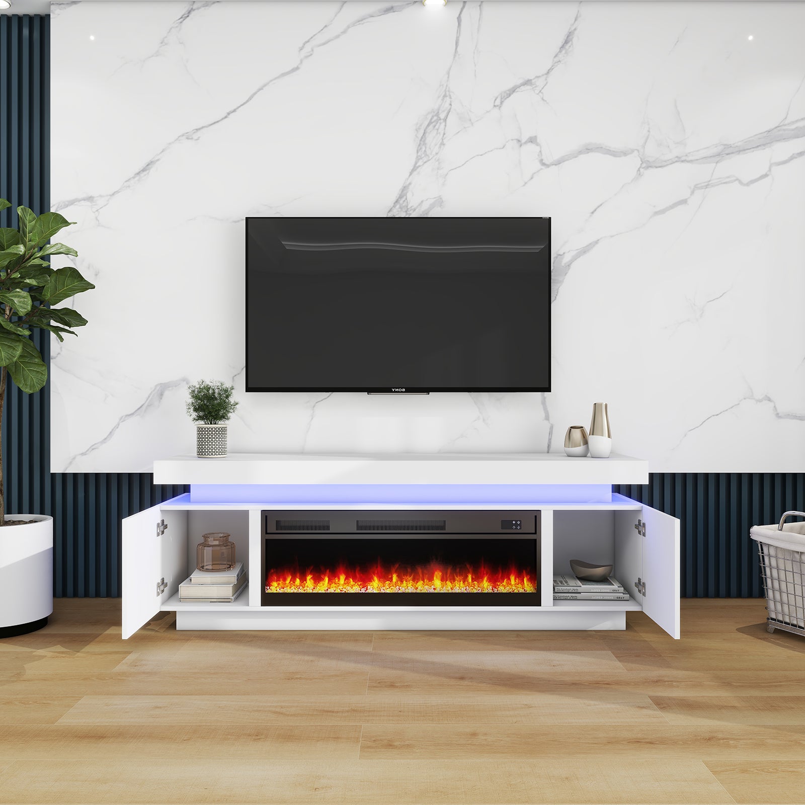 Paula - LED TV Stand with Fireplace - Entertainment Unit - Glossy White - 67 in.
