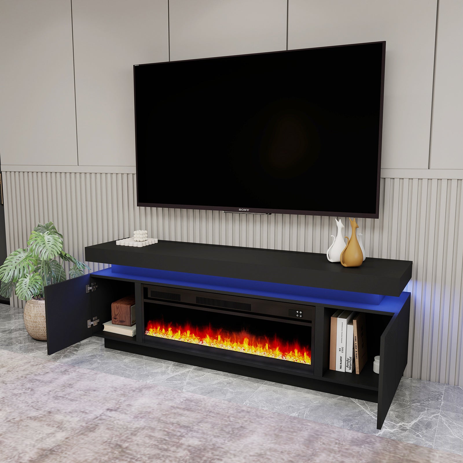 Paula - LED TV Stand with Fireplace - Entertainment Unit - Glossy Black - 67 in.