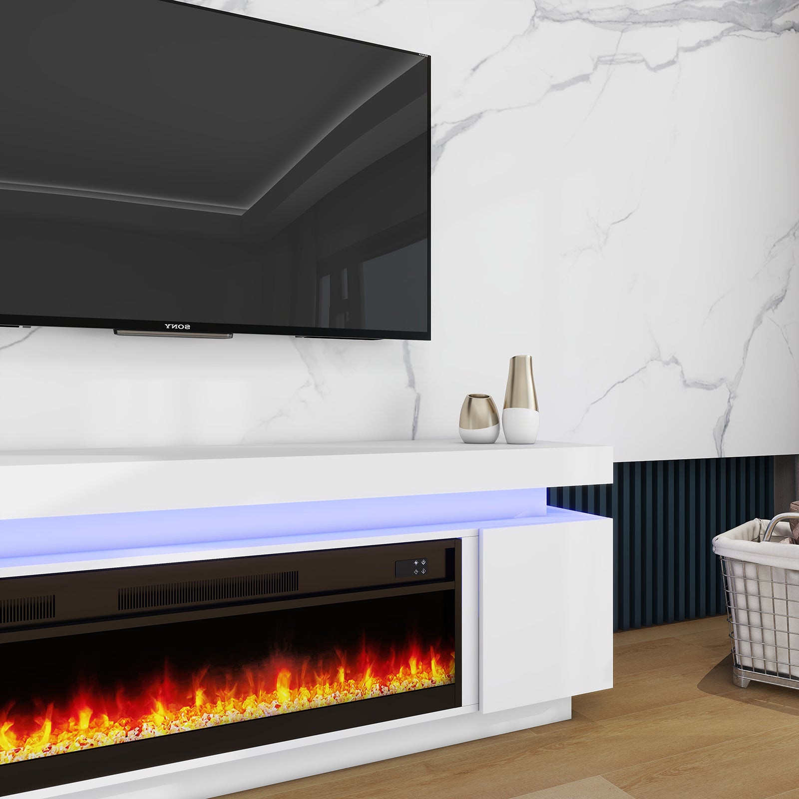 Paula - LED TV Stand with Fireplace - Entertainment Unit - Glossy White - 67 in.