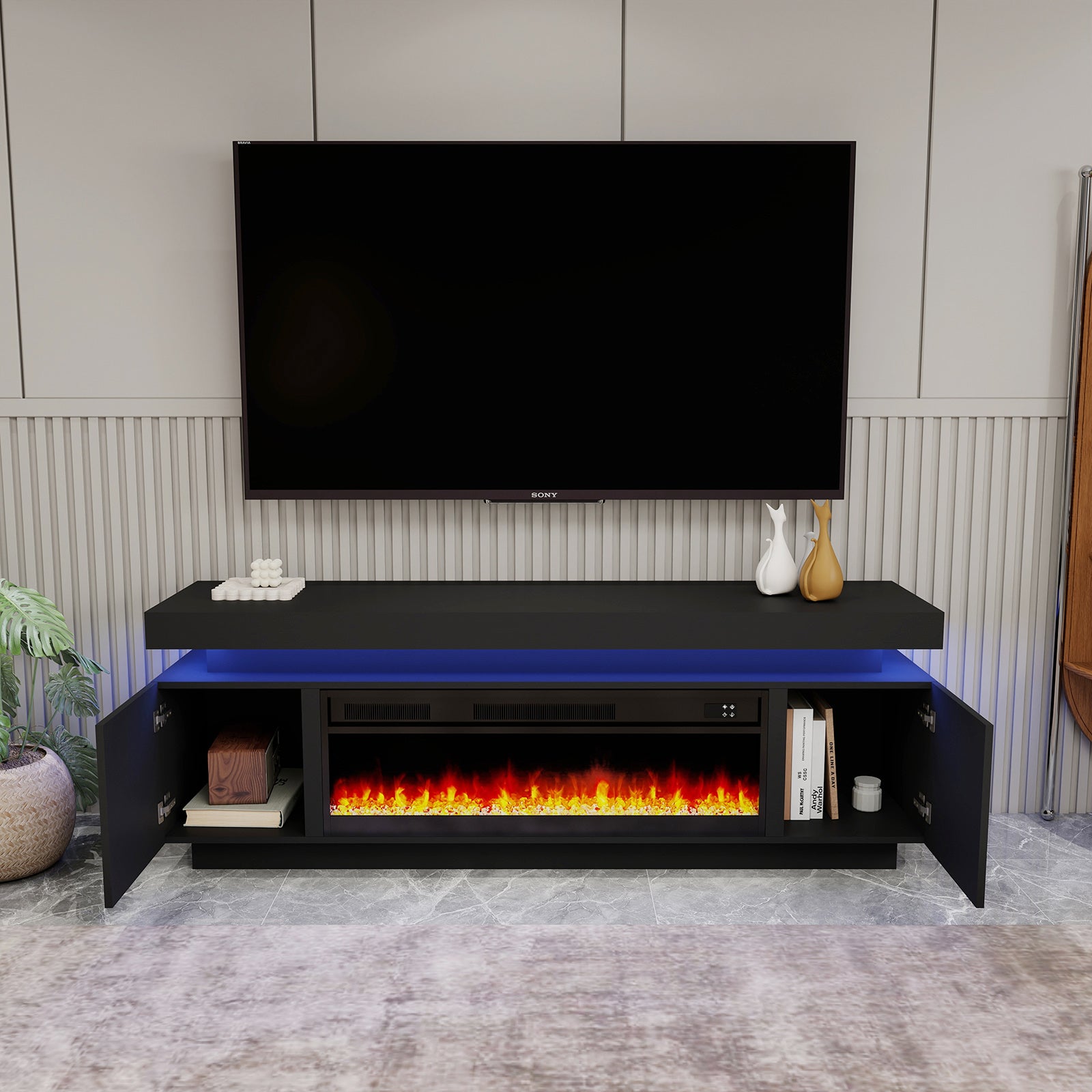 Paula - LED TV Stand with Fireplace - Entertainment Unit - Glossy Black - 67 in.