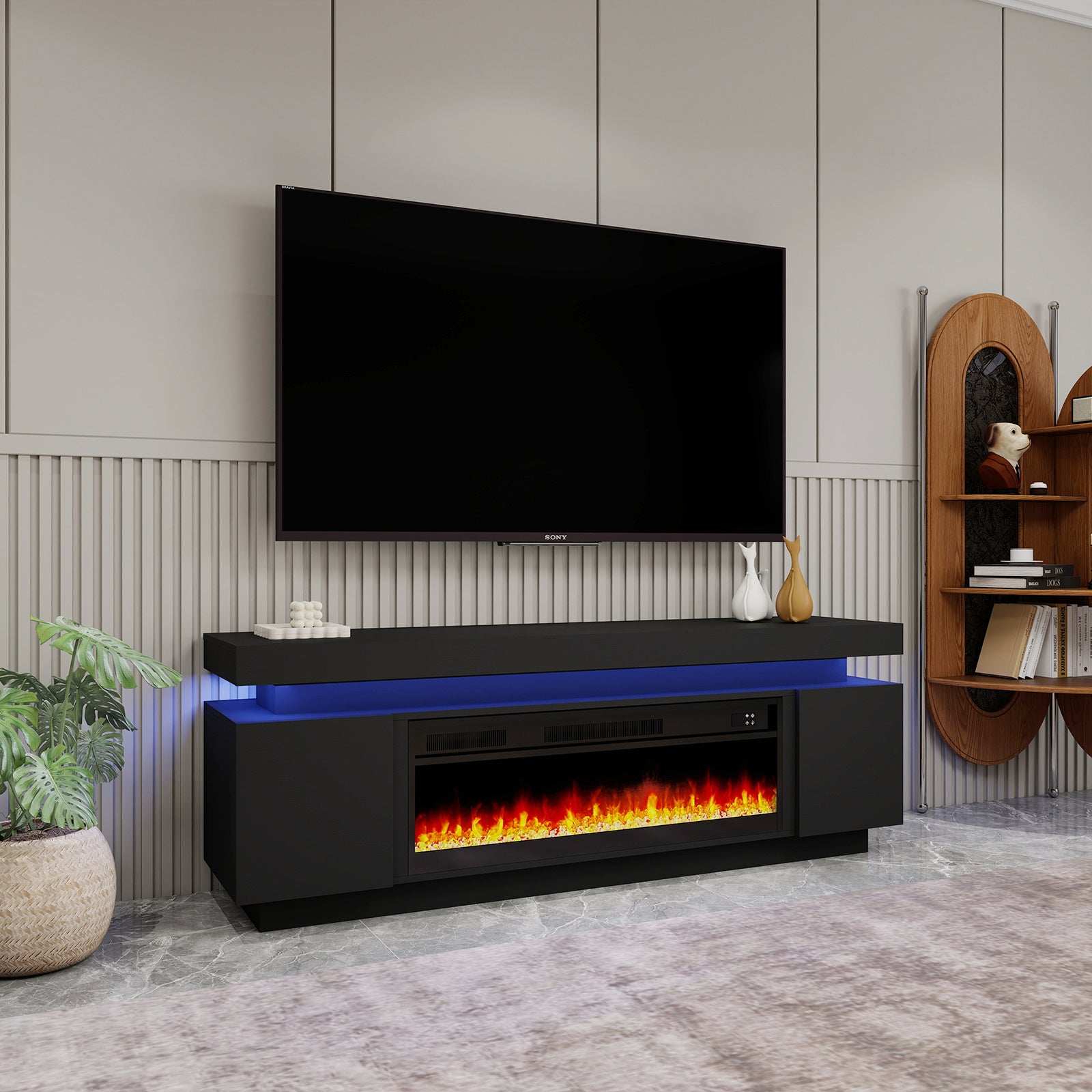 Paula - LED TV Stand with Fireplace - Entertainment Unit - Glossy Black - 67 in.