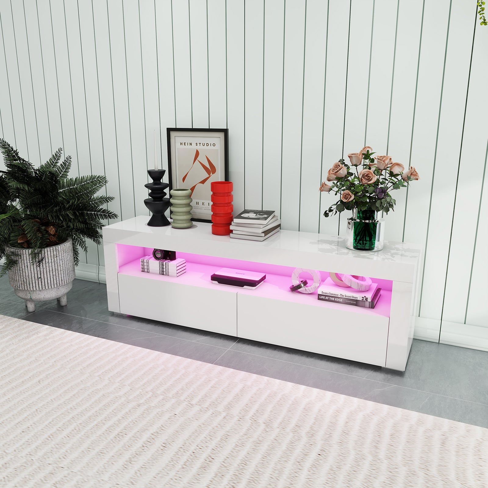 Ashton - LED TV Stand - Entertainment Unit - High Gloss White - 63in