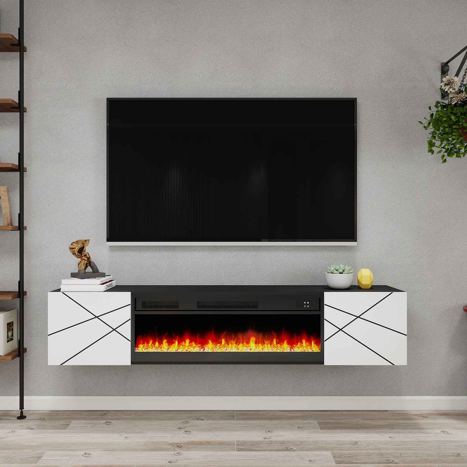 Dakar - Floating TV Stand with Fireplace and LED - Entertainment Unit - Black and White - 67 in.