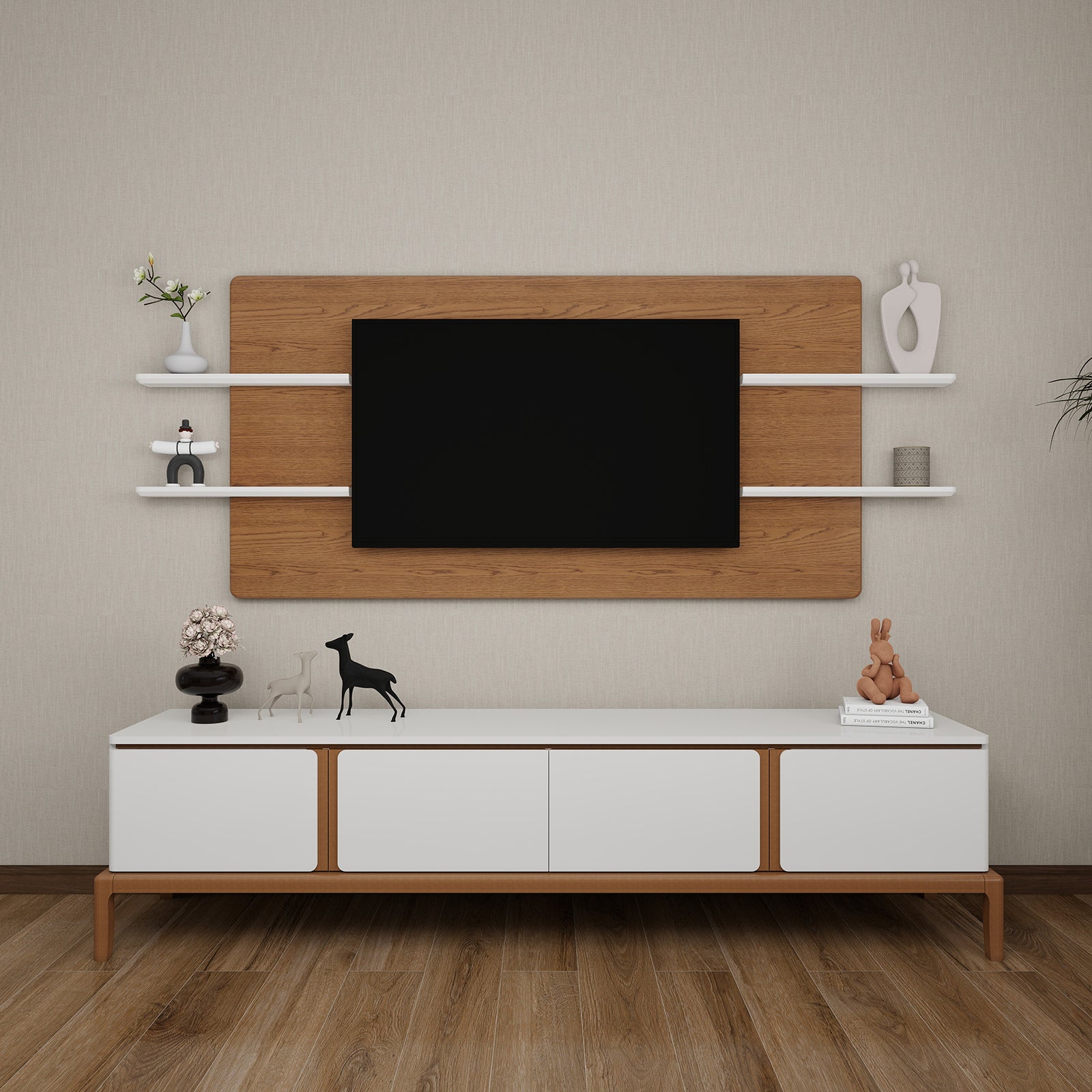 Milano - Wall Panel TV Unit - Greige and Walnut - 86"