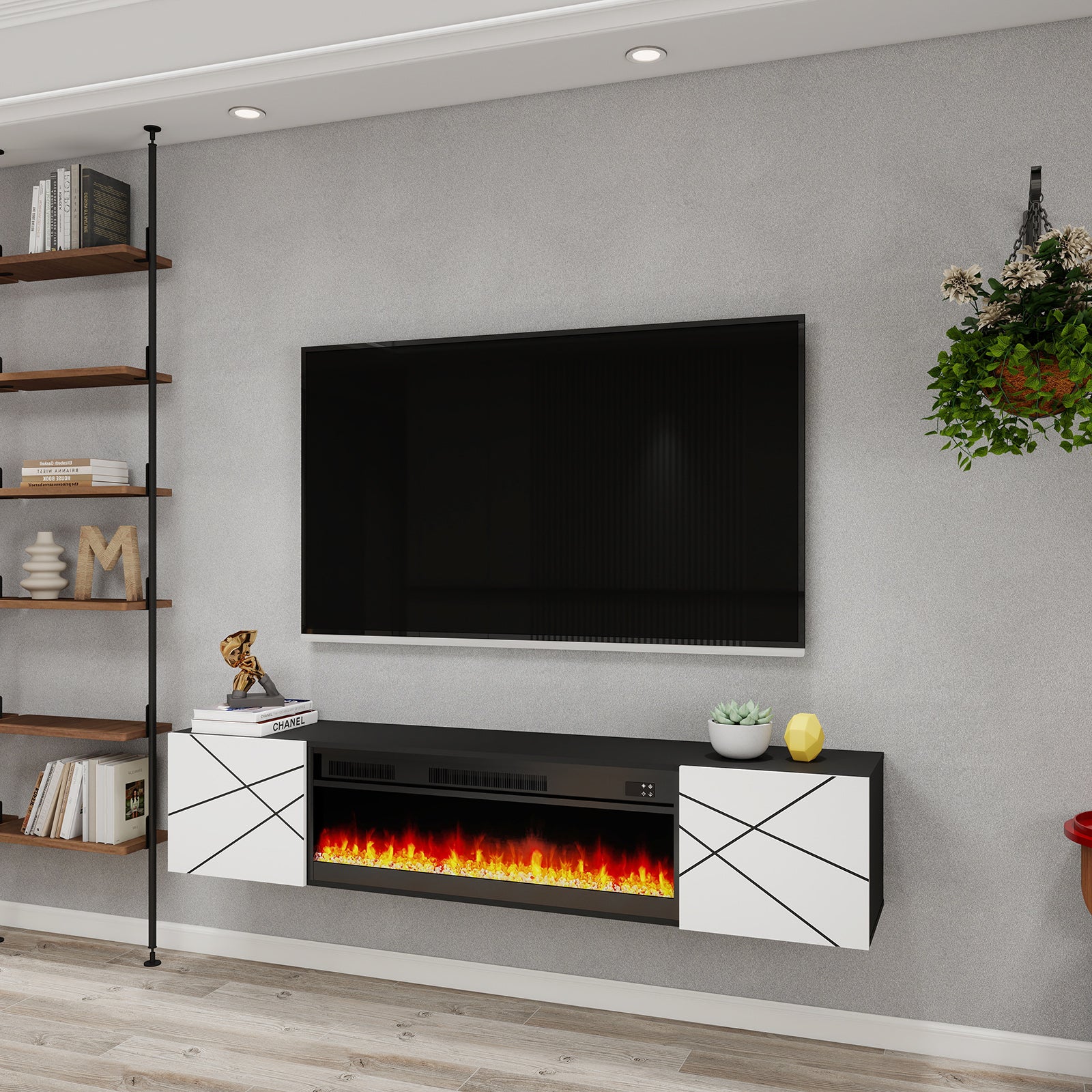 Dakar - Floating TV Stand with Fireplace and LED - Entertainment Unit - Black and White - 67 in.
