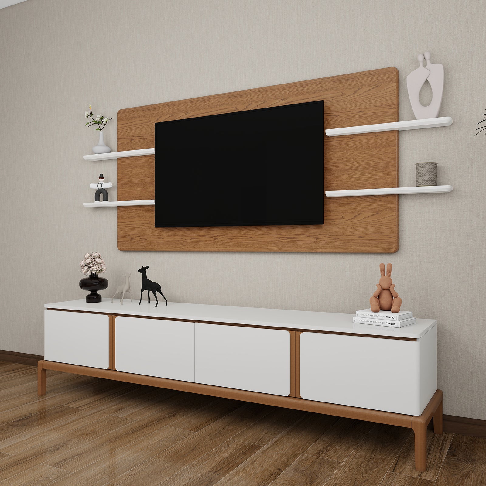 Milano - Wall Panel TV Unit - Greige and Walnut - 86"