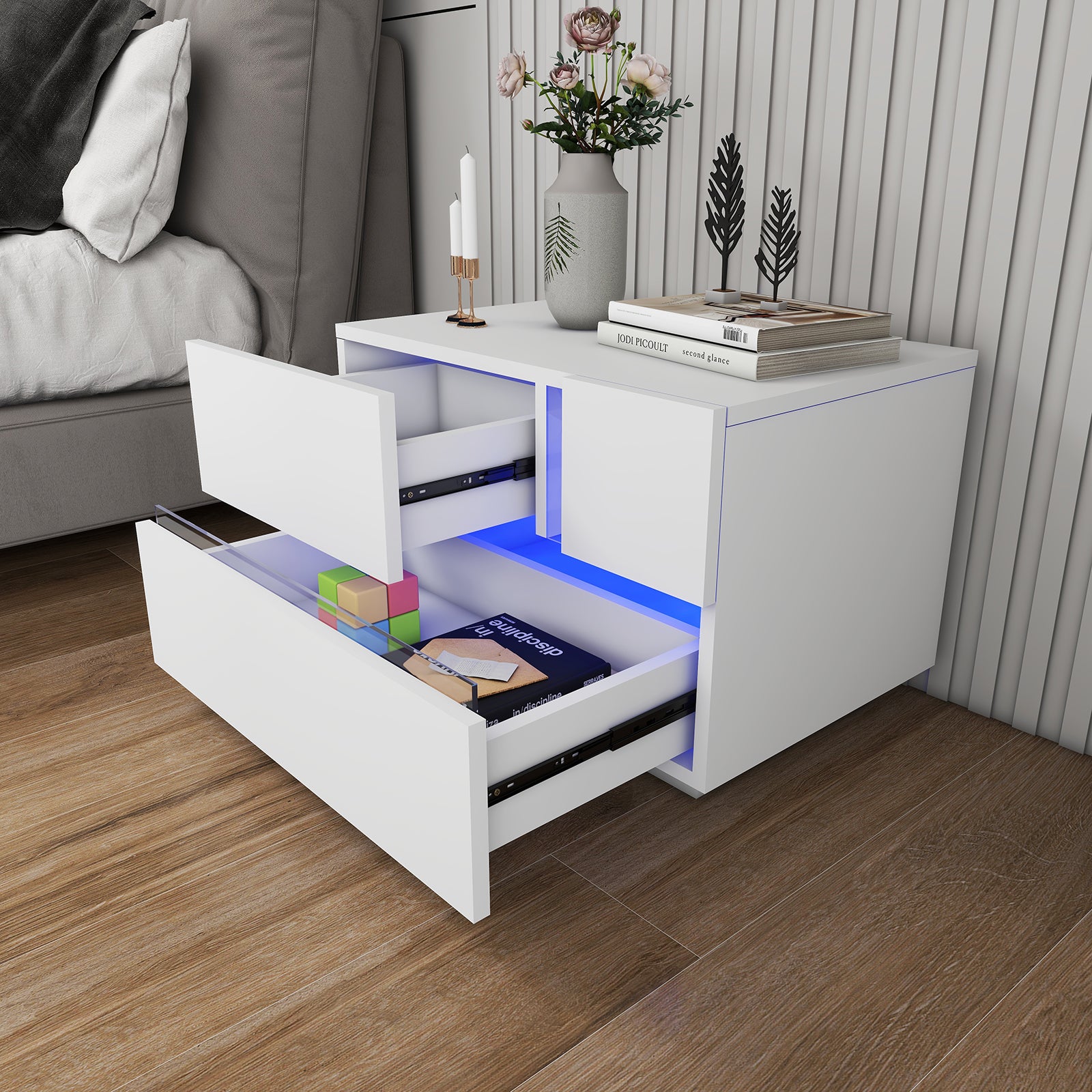 Aaron - Table de chevet avec LED - Blanc