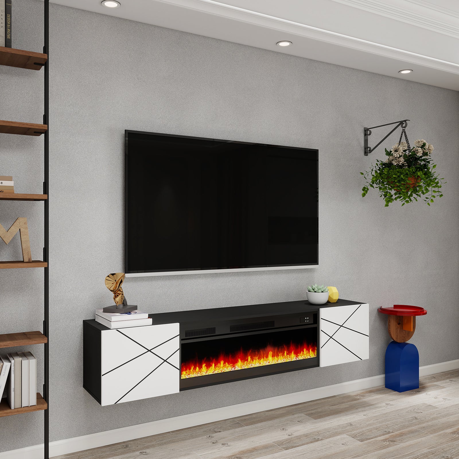 Dakar - Floating TV Stand with Fireplace and LED - Entertainment Unit - Black and White - 67 in.