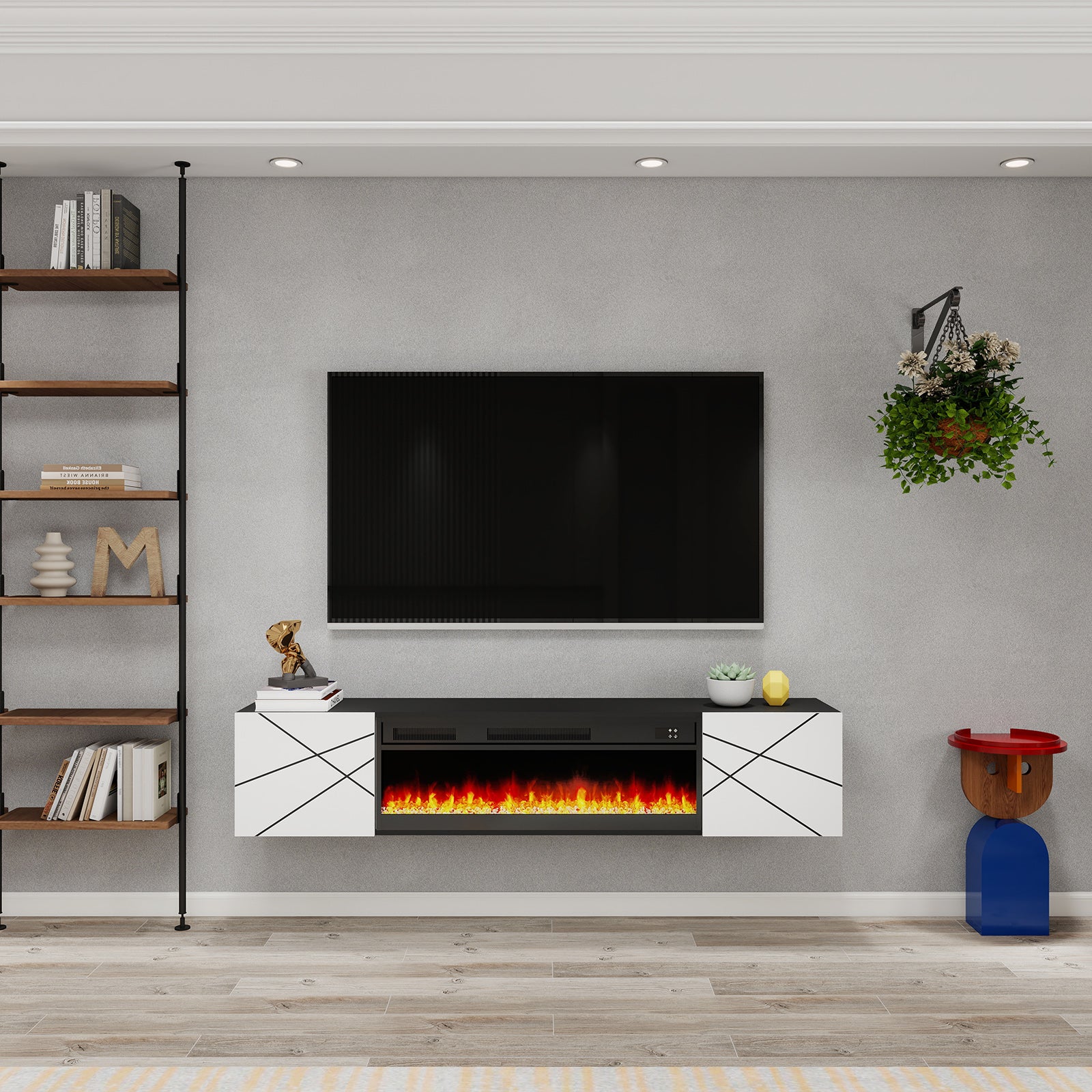 Dakar - Floating TV Stand with Fireplace and LED - Entertainment Unit - Black and White - 67 in.