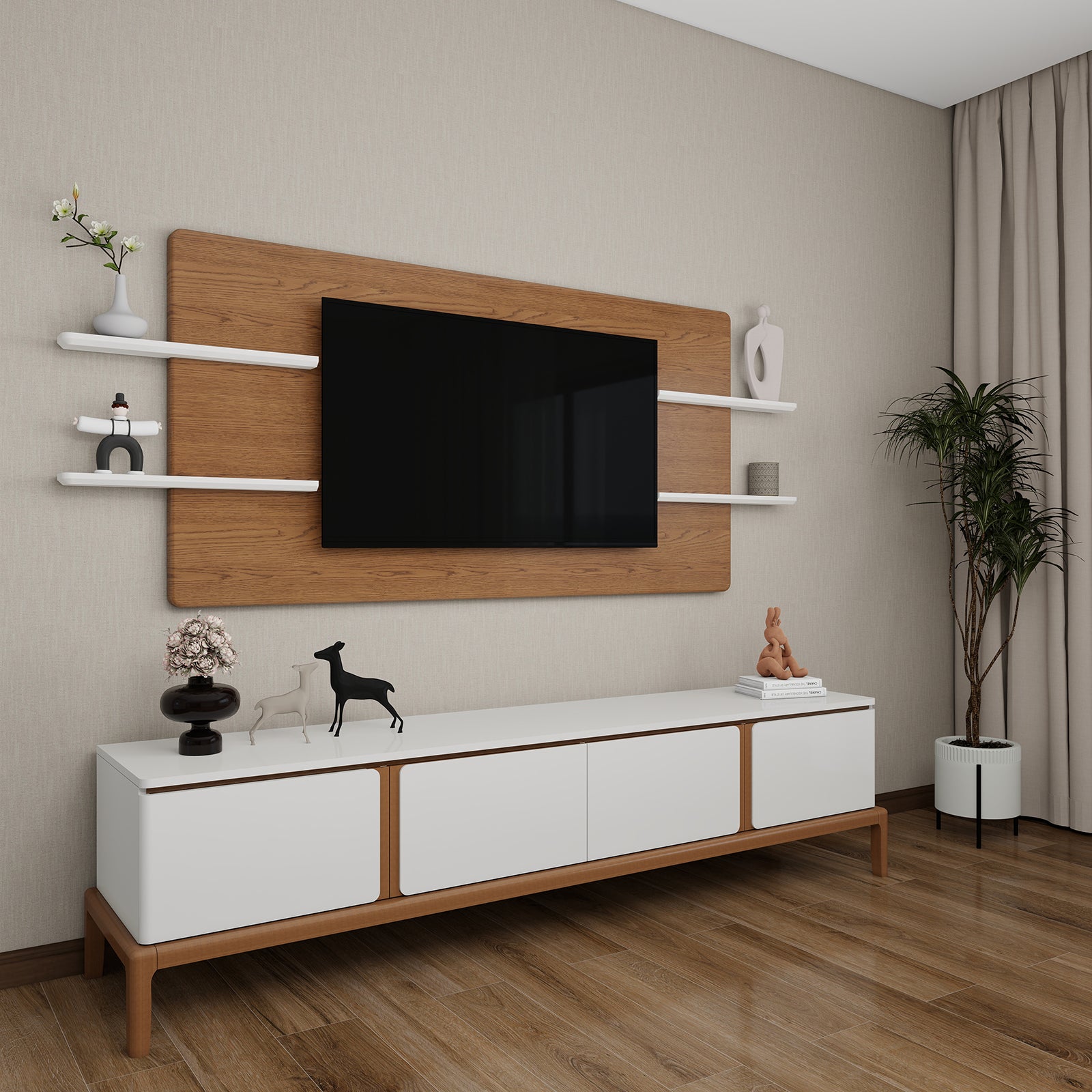 Milano - Wall Panel TV Unit - Greige and Walnut - 86"